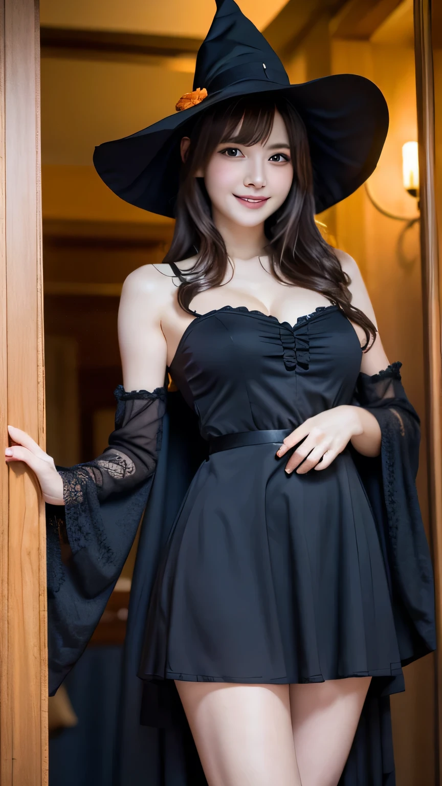 (Canon RF85mm f/1.2), (8k, RAW photos, ultra high quality), (masterpiece), (realistic, photograph realistic), (Best image quality, high resolution, Description of Extremely detailed, Super Fine, Extremely exquisite and beautiful work), ((The witch is 1m8 tall with an arrogant face)), (Very detailed eyes and face, fair skin, noble beauty, detailed skin texture, pores, Perfect anatomical structure), ((Perfect body)), (beautiful thighs, slender abs, slim waist), (large hip, Big buttocks), (big breasts, Breast enlargement, clavage), (Affectionate gaze, soulful eyes, realistic eyes), (beautiful and clear eyes), (dark red eyes:1.4), (bounce messy long hair), (smile with dimpled:1.2), (Fascinated expression, seductive appearance), ((nine tail red fox)), (witch costume, dark witch dress, detailed witch dress:1.2), (rattle necklace), ((dark necklaces, witch's wand, pointed hats of witches:1.3)), ((dim lights, horror theme, Dark atmosphere, hidden deep in the forest, midnight)), ((the body from thighs up:1.3), ((looking at the viewer:1.3)), ((standing))