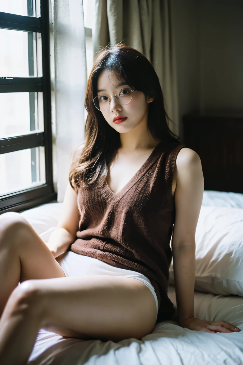 ((最high quality、8K、masterpiece、portrait:1.3)), hair, fine eyes, Single-lens reflex camera, high quality, beautiful japanese woman, 38 years old, Glasses, very big breasts, 黒く長いhair, tidy apartment bedroom、sit on the edge of the bed、barefoot、wedding ring, rat trail section、embarrassed look、best shot、White oversized towel fabric dress、strapless