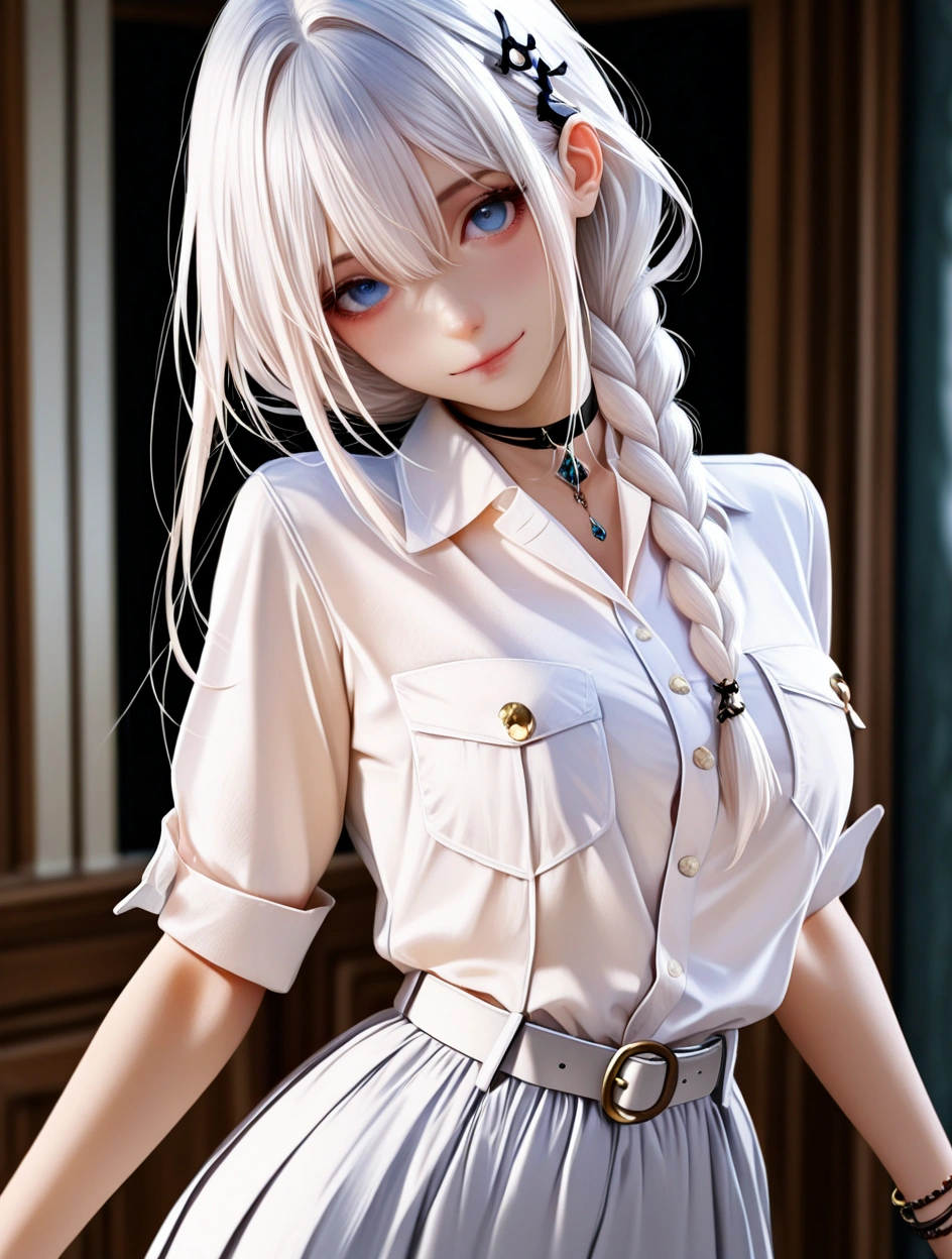 best quality,masterpiece,absurdres,newest, (atnr style,realistic),1girl, solo, long hair, jewelry, looking at viewer, blurry background, skirt, choker, hair between eyes, braid, ring, short sleeves, pocket, blurry, white hair, blue eyes, bangs, breast pocket, closed mouth, shirt, white skirt, smile, bracelet, white shirt, hair ornament, indoors, belt, head tilt