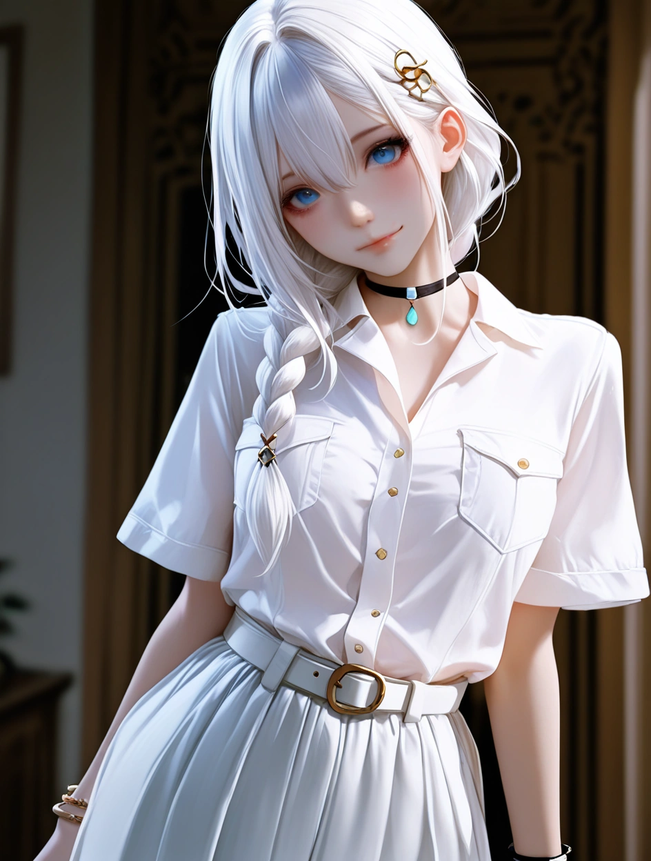 best quality,masterpiece,absurdres,newest, (atnr style,realistic),1girl, solo, long hair, jewelry, looking at viewer, blurry background, skirt, choker, hair between eyes, braid, ring, short sleeves, pocket, blurry, white hair, blue eyes, bangs, breast pocket, closed mouth, shirt, white skirt, smile, bracelet, white shirt, hair ornament, indoors, belt, head tilt