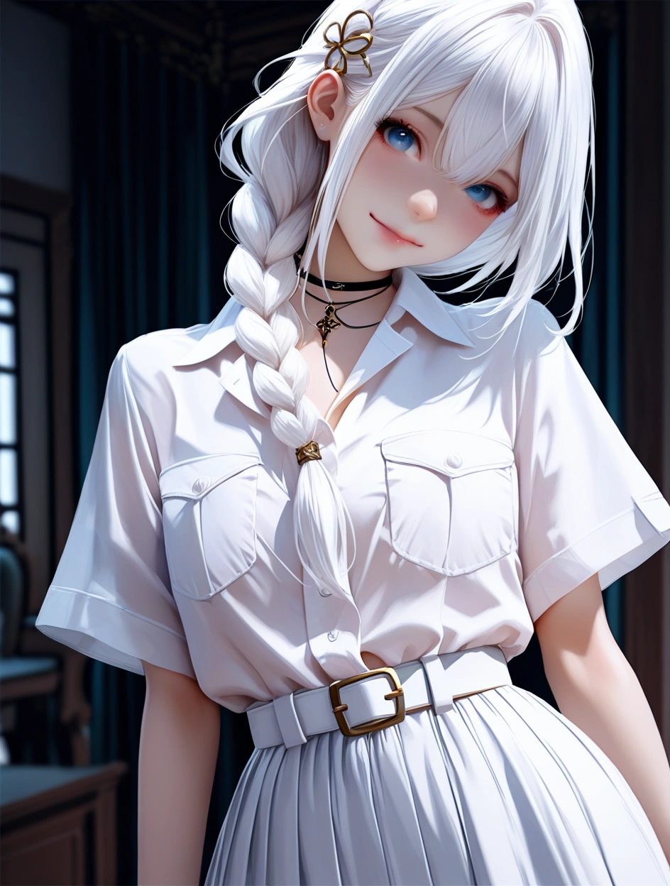 best quality,masterpiece,absurdres,newest, (atnr style,realistic),1girl, solo, long hair, jewelry, looking at viewer, blurry background, skirt, choker, hair between eyes, braid, ring, short sleeves, pocket, blurry, white hair, blue eyes, bangs, breast pocket, closed mouth, shirt, white skirt, smile, bracelet, white shirt, hair ornament, indoors, belt, head tilt