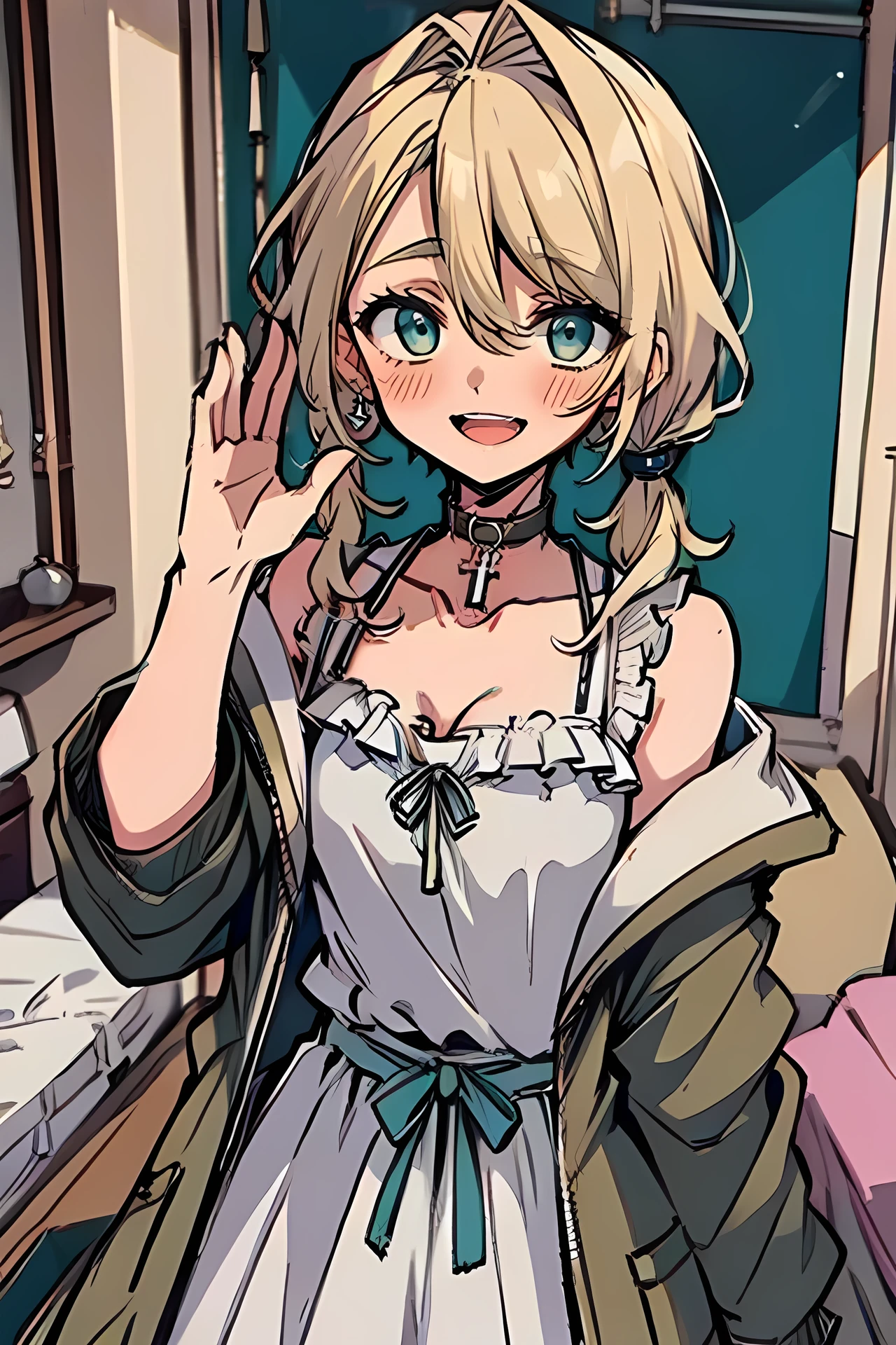 (masterpiece:1.2), (high quality:1.2), rekkyo sensen, rekkyou sensen, girls with(((1girl, solo, aiden d adams, white blonde hair, teal eyes, smiling, blush, opened mouth, wavy medium hair, right swept bangs, low twintail:1.3), bare shoulder, off shoulder sleeves, breasts, choker, cleavage, coat, cowboy shot, (white clothes, frilled shirt:1.3), camisole, stright dress, (((stright dress))) wear, collar, collarbone, rosary, rosary choker, cross, fur, khaki hoodie, green hoodie, hood down, hooded coat, hooded jacket, hoodie, jacket, long sleeves, medium breasts, open clothes, open coat,open hoodie, sleeveless, winter clothes, zipper, cleavage, upper body, hand up, waving, palm)), background with((bedroom, room:2.0))