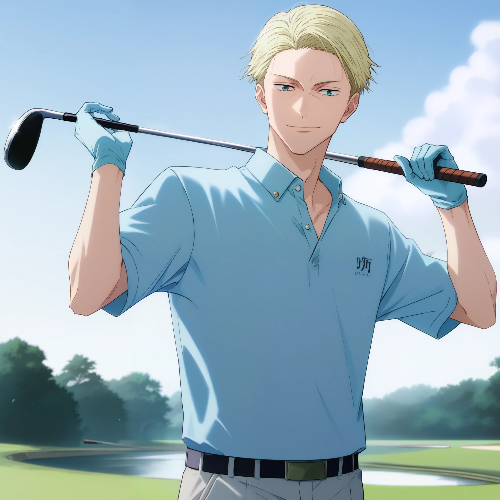 score_9, score_8_up, score_7_up, Jujutsu kaisen style, (Kento Nanami, NanamiBase), (1man, solo), blonde short hair, light blue shirt, grey pants, (light blue gloves, holding golf club, holding golf ball), smile, standing in the Golf course