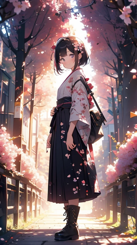 sfw,最高masterpiece,Best Quality,  OFFICIAL ART, Advertising Photos,masterpiece,(1 person:2.0),  Neutral Male ,Dress neatly,(7 heads), Black Hair ,( short bob cut hair), flat chest,(Cherry blossom pattern furuncle ),(Purple Hakama, beautiful gradation hakama),Maxi length hakama , obi shaped like a flower,pink belt , brown lace up boots,Cherry blossom trees,standing,smile, soft lighting ,Hair accessories