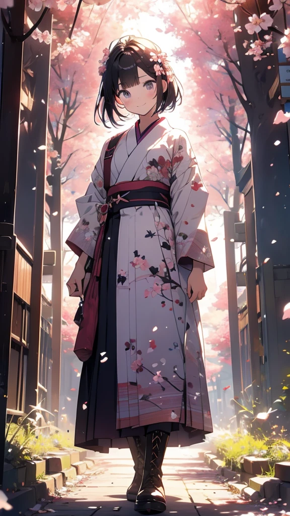 sfw,最高masterpiece,Best Quality,  OFFICIAL ART, Advertising Photos,masterpiece,(1 person:2.0),  Neutral Male ,Dress neatly,(7 heads), Black Hair ,( short bob cut hair), flat chest,(Cherry blossom pattern furuncle ),(Purple Hakama, beautiful gradation hakama),Maxi length hakama , obi shaped like a flower,pink belt , brown lace up boots,Cherry blossom trees,standing,smile, soft lighting ,Hair accessories