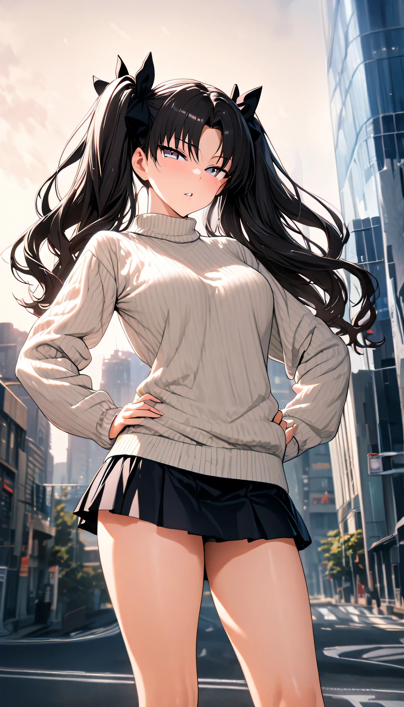 quality, super fine, 16k, incredibly absurdres, extremely detailed, 2.5D, delicate and dynamic depiction,  1girl, solo, Tohsaka Rin, twin tails, city backgrounds, long legs, perfect hands, medium breast, perfect body, perfect fingers, (seductive thighs), sweater , mini skirt, parted skirt,  daytime, looking at viewer, (face focus), cute, flirt, gaze, sexy look, half-closed eyes, head tilt, filled lips, sexy look pose. Thigh, standing, hand on hip 