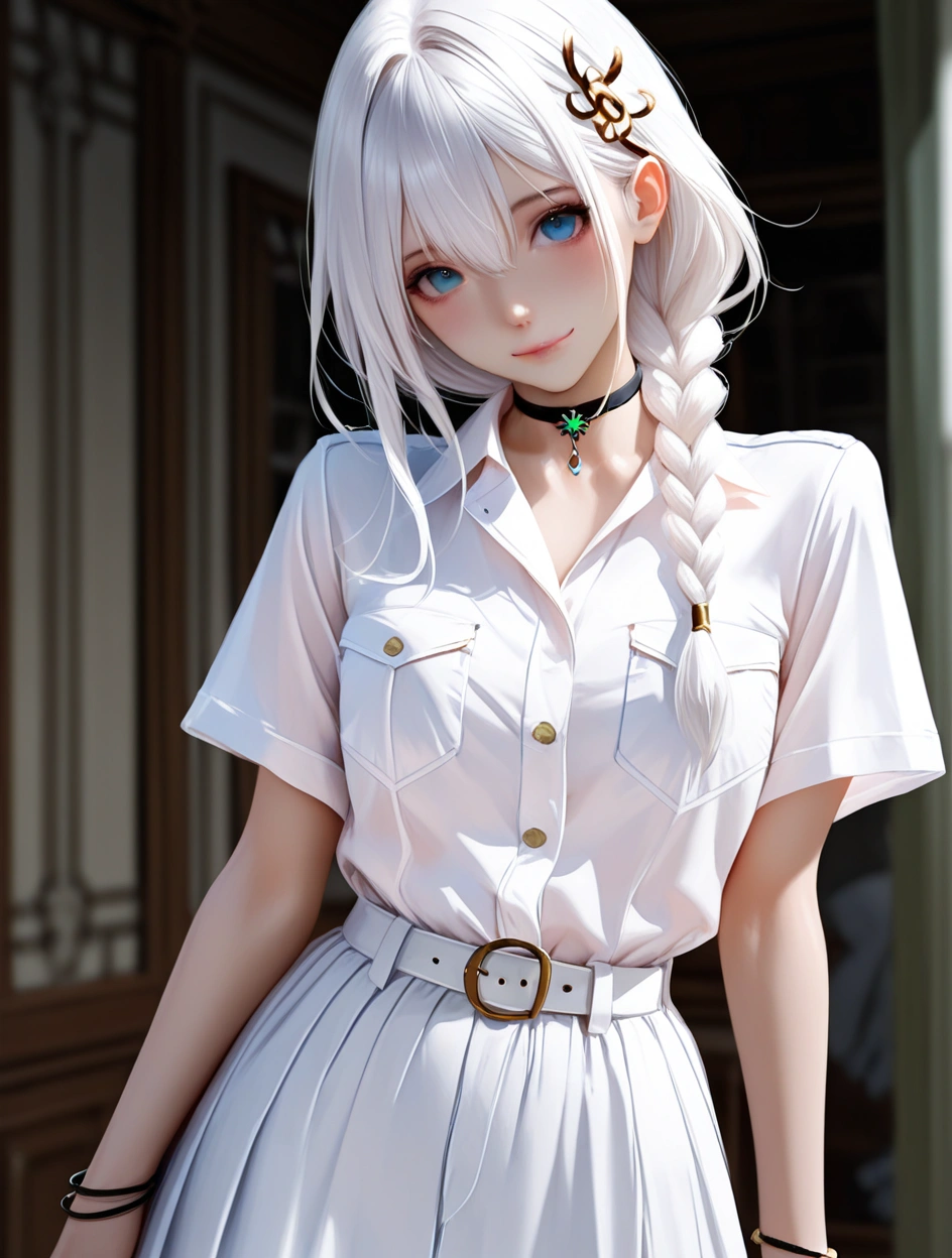 best quality,masterpiece,absurdres,newest, (atnr style,realistic),1girl, solo, long hair, jewelry, looking at viewer, blurry background, skirt, choker, hair between eyes, braid, ring, short sleeves, pocket, blurry, white hair, blue eyes, bangs, breast pocket, closed mouth, shirt, white skirt, smile, bracelet, white shirt, hair ornament, indoors, belt, head tilt