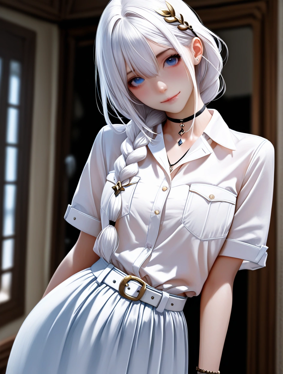 best quality,masterpiece,absurdres,newest, (atnr style,realistic),1girl, solo, long hair, jewelry, looking at viewer, blurry background, skirt, choker, hair between eyes, braid, ring, short sleeves, pocket, blurry, white hair, blue eyes, bangs, breast pocket, closed mouth, shirt, white skirt, smile, bracelet, white shirt, hair ornament, indoors, belt, head tilt