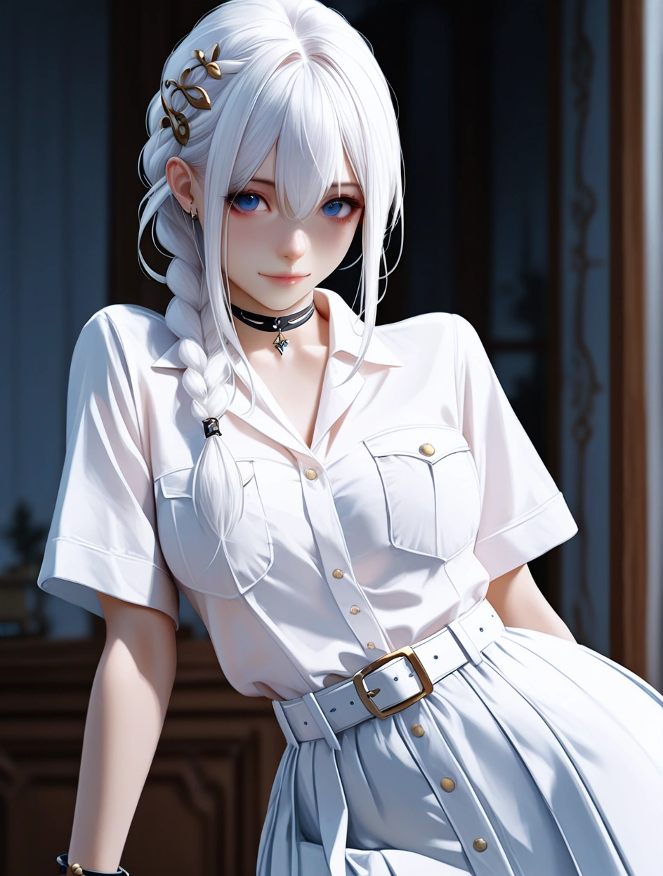 best quality,masterpiece,absurdres,newest, (atnr style,realistic),1girl, solo, long hair, jewelry, looking at viewer, blurry background, skirt, choker, hair between eyes, braid, ring, short sleeves, pocket, blurry, white hair, blue eyes, bangs, breast pocket, closed mouth, shirt, white skirt, smile, bracelet, white shirt, hair ornament, indoors, belt, head tilt