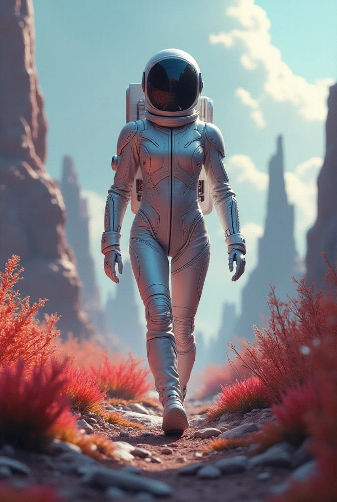 astronaut woman in space suit walking on a strange planet