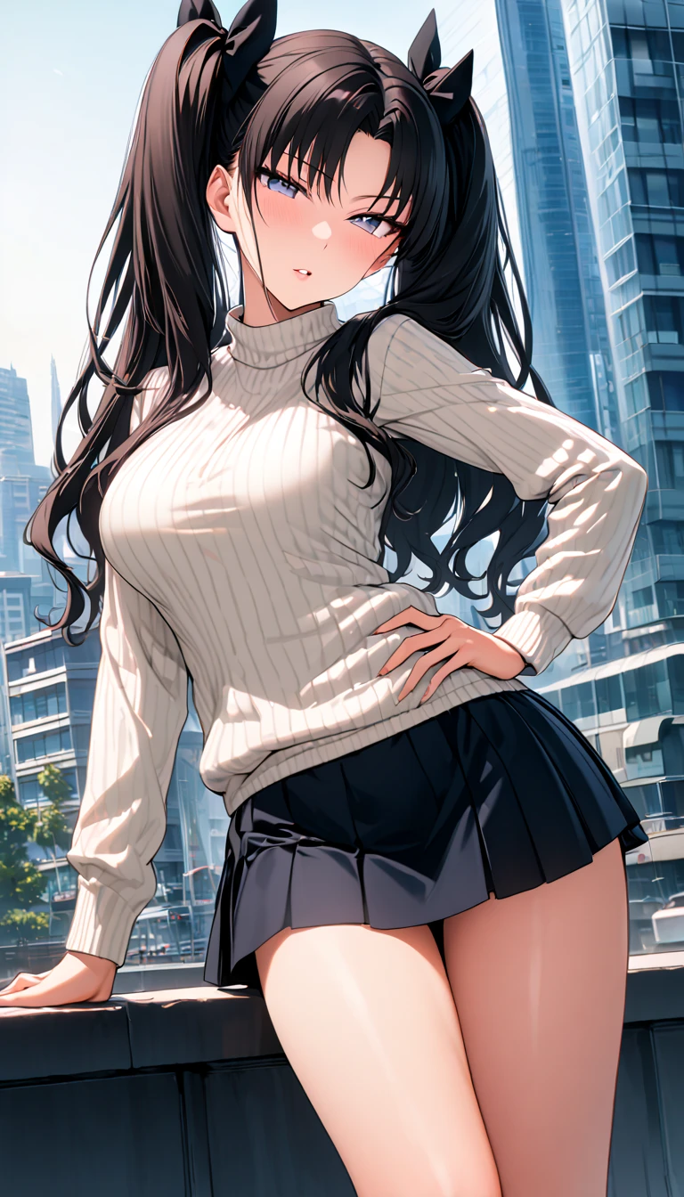 quality, super fine, 16k, incredibly absurdres, extremely detailed, 2.5D, delicate and dynamic depiction,  1girl, solo, Tohsaka Rin, twin tails, city backgrounds, long legs, perfect hands, medium breast, perfect body, perfect fingers, (seductive thighs), sweater , mini skirt, parted skirt,  daytime, looking at viewer, (face focus), cute, flirt, gaze, sexy look, half-closed eyes, head tilt, filled lips, sexy look pose. Thigh, standing, hand on hip 