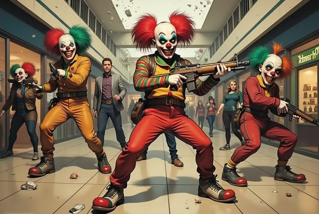 An army of clowns with machine guns is taking over a shopping mall