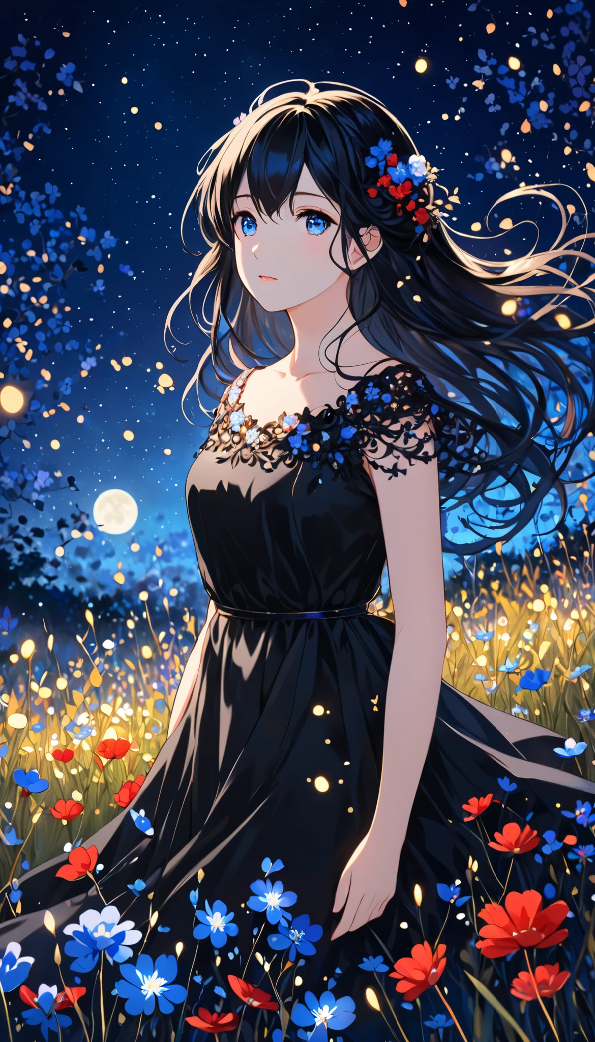 masterpiece, best quality, detailed eyes, vivid color, detailed skin, 1girl, short dress, see-through silhouette,
starry sky, field of flowers, butterflies, wind,
red hue, rim lighting, cowboy shot