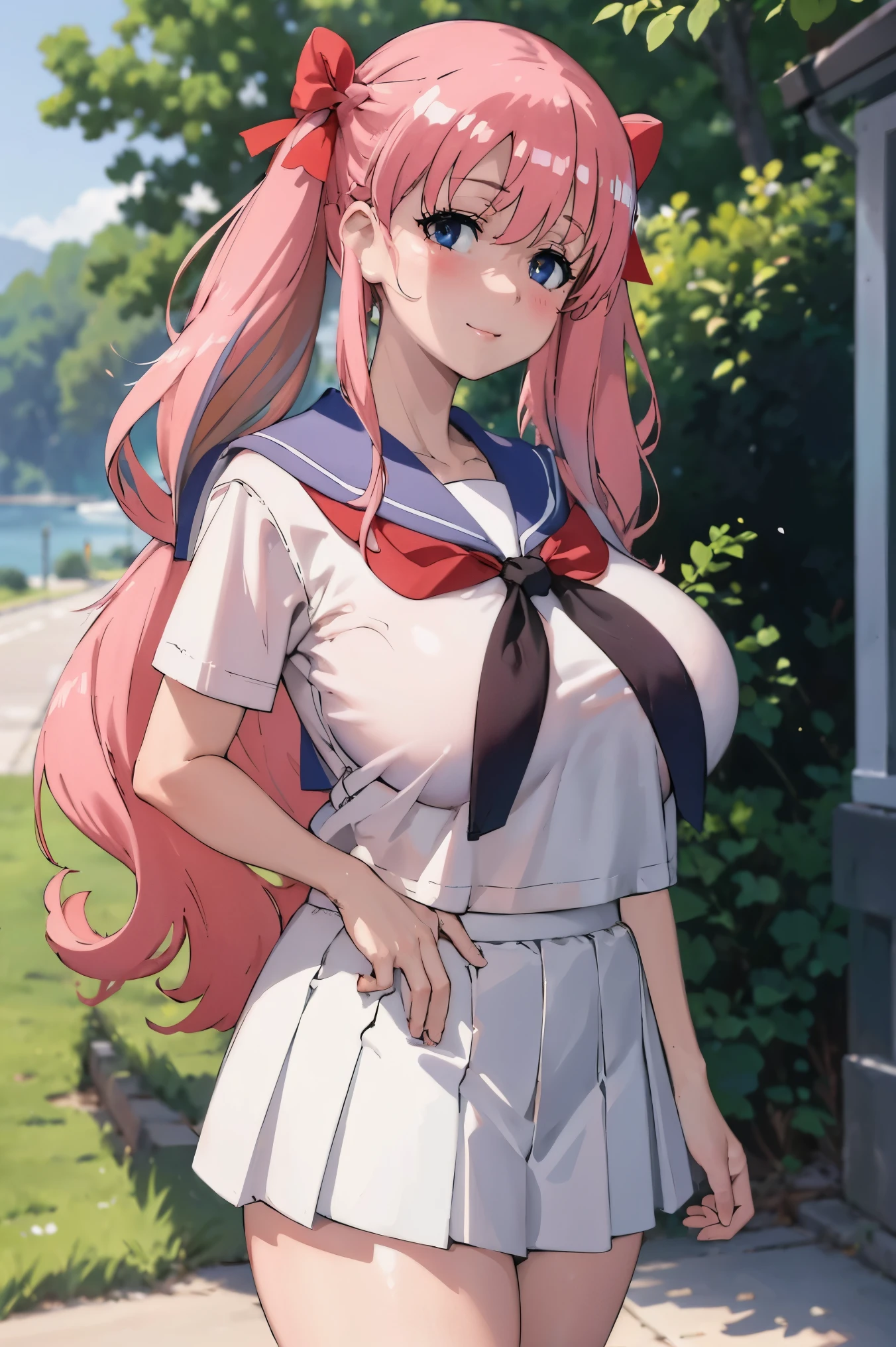 masterpiece, (very huge tits ),  hair ribbon, busty, thick, smile, ((( sailor uniform, white short skirt))), (best quality), ((solo)), 1girl, pinkhair, long hair, twintail hair, bkue eyes ,(photorealistic:1.1), 8k uhd, looking a viewer, outdoors, simple backround, smile, ((open eyes)), 