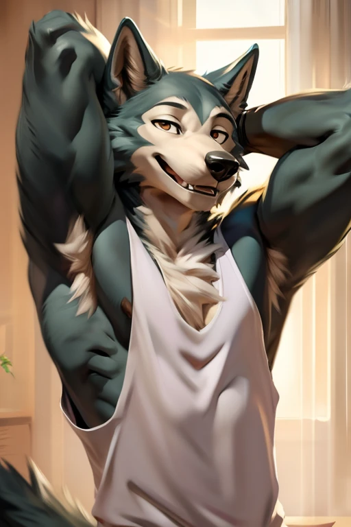 close up, furry, anthro, giant werewolf,wolf ears,wolf tail, dark grey and white fur, messy fur, neck floof, yellow glowing eyes, razor sharp teeth, sabertooth, long sabertooth, muscular body, handsome, monstrous, posing in a house, daytime, alone, wearing tight black boxer briefs, white lining, giant bulge, body covered in scars, pawpads, black pawpads, best quality, 4K, UHD, masterpiece,