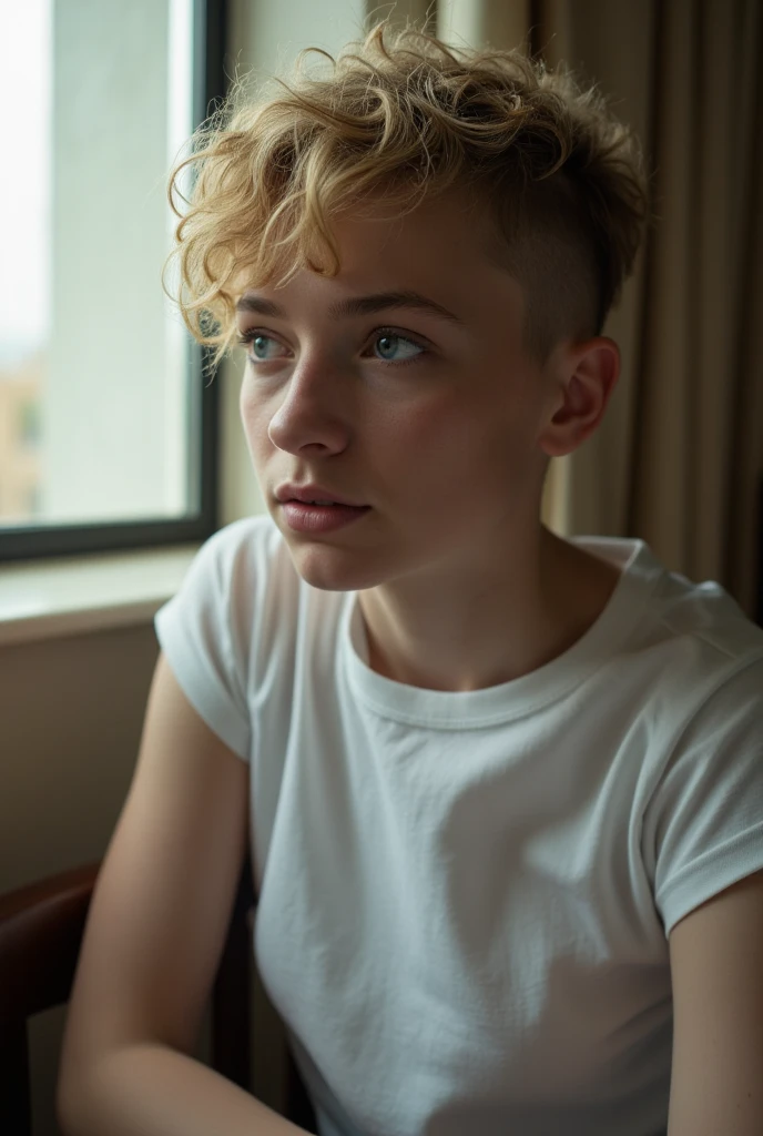 Portrait of A thin nordic cavewoman with curly blonde pixie cut hair shaved on one side, sitting by a window. The lighting should be soft, natural light coming from the left, casting subtle shadows on her face. she has a contemplative expression, with deep blue eyes looking slightly off to the side. The background is blurred, focusing only on her face and upper body, dressed in a simple white shirt. The style should be hyper-realistic, capturing skin texture, hair detail, and the reflective quality of his eyes