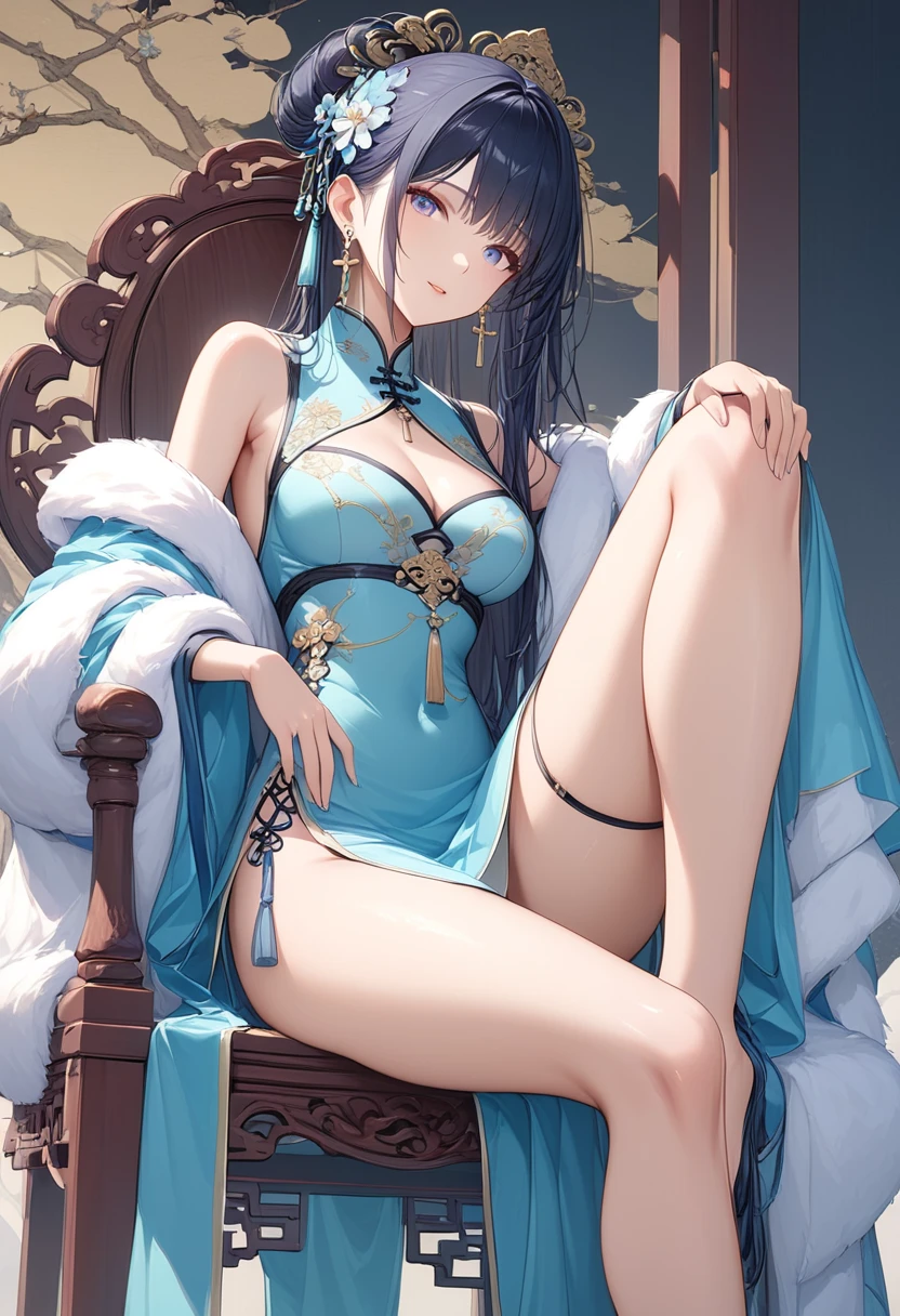  ultra high resolution, masterpiece,  anatomically accurate,  Textured Skin, Super detailed,  high detail , Best Quality, wooden chair、 Chinese clothes、Sit on a long white fur 、earrings、China、 sitting cross-legged 、Long legs、