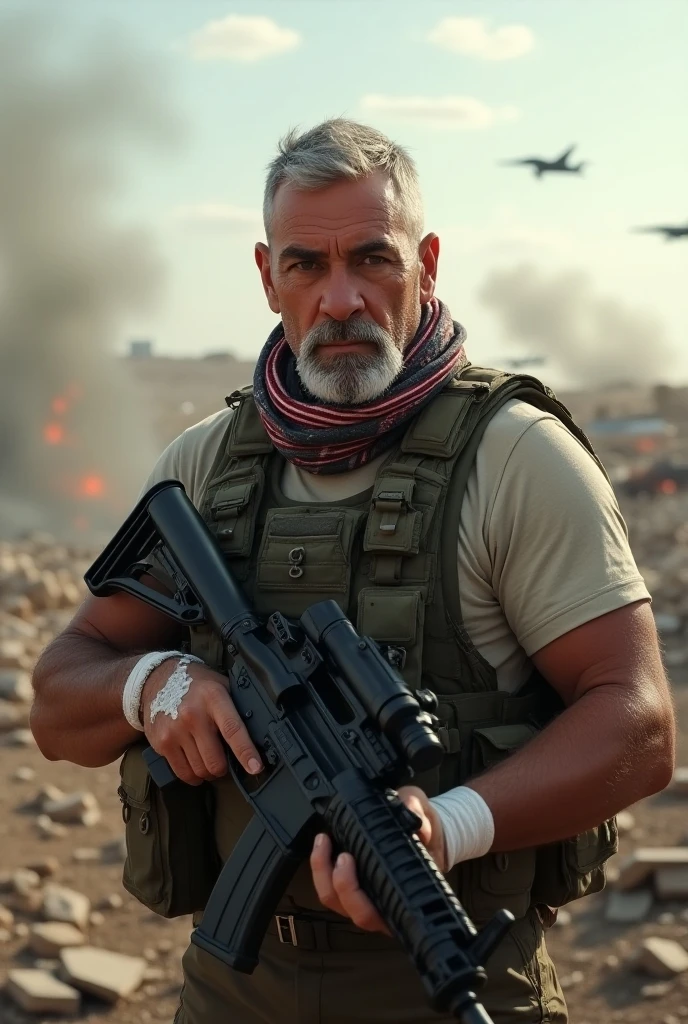 Foto RAW, A mature man in a post-apocalyptic entourage, suntan, Cruelty, Military ammunition, Abrams tank, high detail, background of city ruins (pele altamente detalhada: 1.2), 8k uhd, dslr, soft-lighting, alta qualidade, grain of film, Fujifilm XT3
