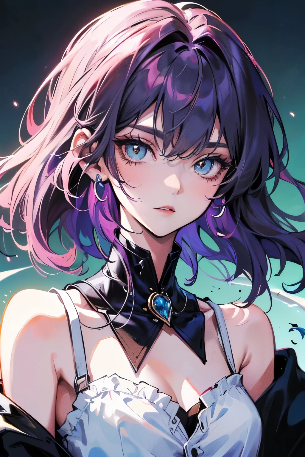 Best lighting,((masterpiece,High resolution,8K quality,Highest quality)),One Girl,((Highly detailed face)),woman,Delicate eyes,((Purple eyes)),((Hairstyle on:Shaved head,Black-haired,Hair that shines in the light)),Lens flare,Dramatic makeup,Smiling graciously,Natural Skin Tone,Big ample breasts,Diffuse reflection of light((colorful:1.5)),bast