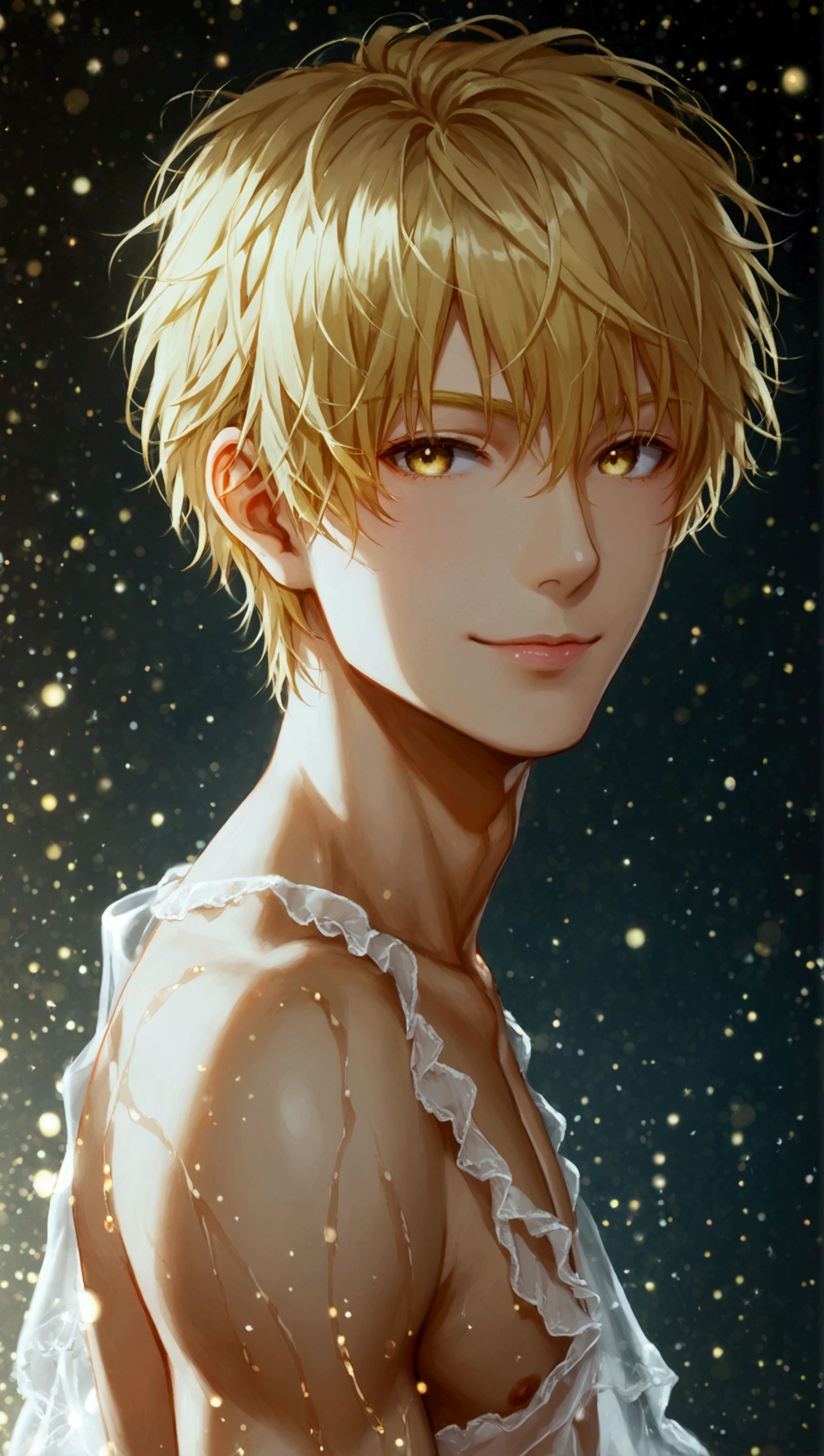 semi realistic art style, 90's aesthetic, deitailed textures, soft and warm light, teen boy(pale skin, short messy blonde hair, blue eyes, soft face, skinny body tipe), bathing in the lake at night, unbuttoning his shirts