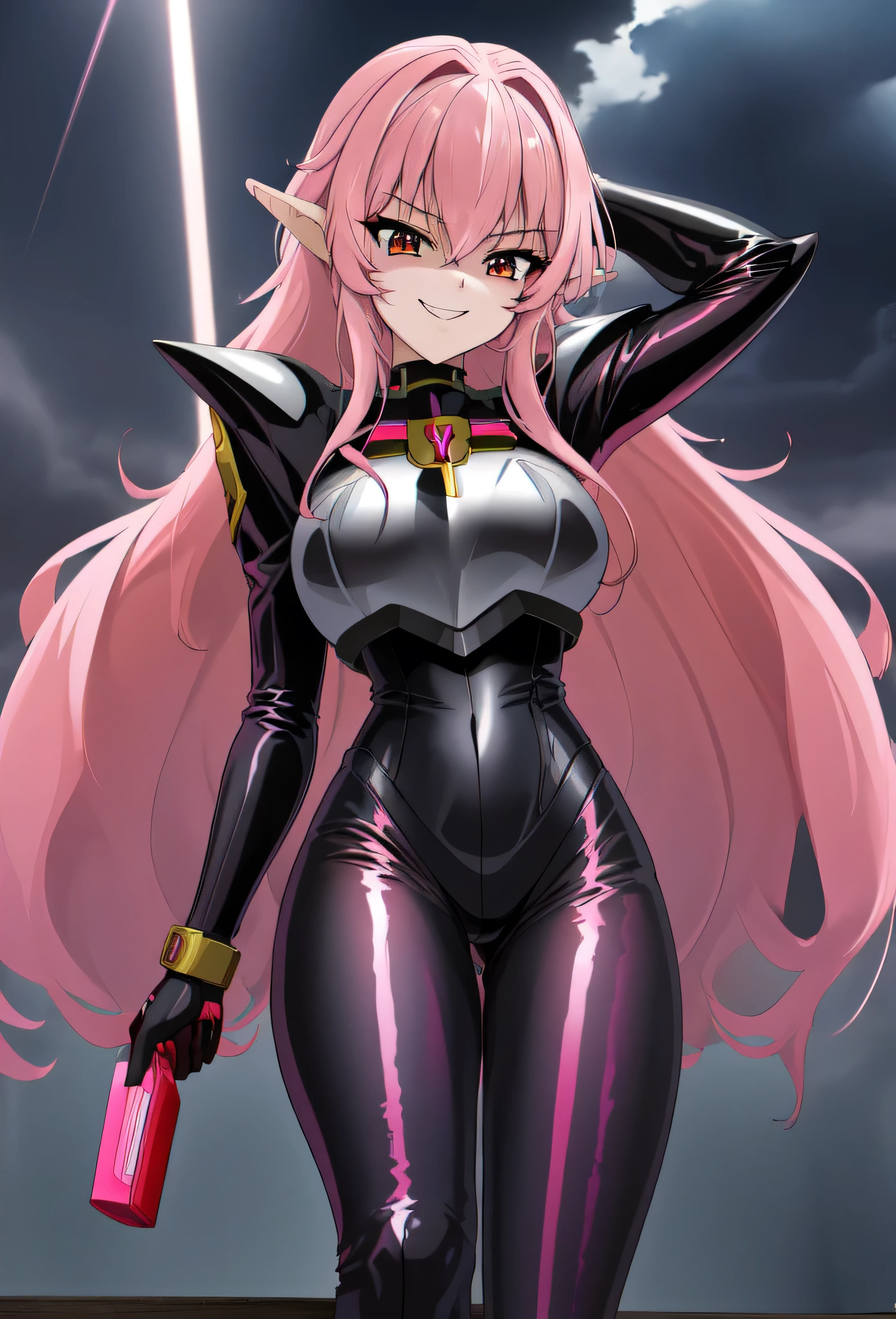 high quality, extremely detailed, perfect face, Nova, long pink hair, (black latex bodysuit), steel pauldrons, steel breastplate, long ears, evil smirk, evil laugh, medium breasts, (dark and stormy skies, lightning)(masterpiece:1.0),(Highest_quality:1.0), 超High resolution,4k,Super detailed, photo shoot, 8K, HDR, High resolution, disorganized:1.2, kodak portrait 400,raising a lightning,