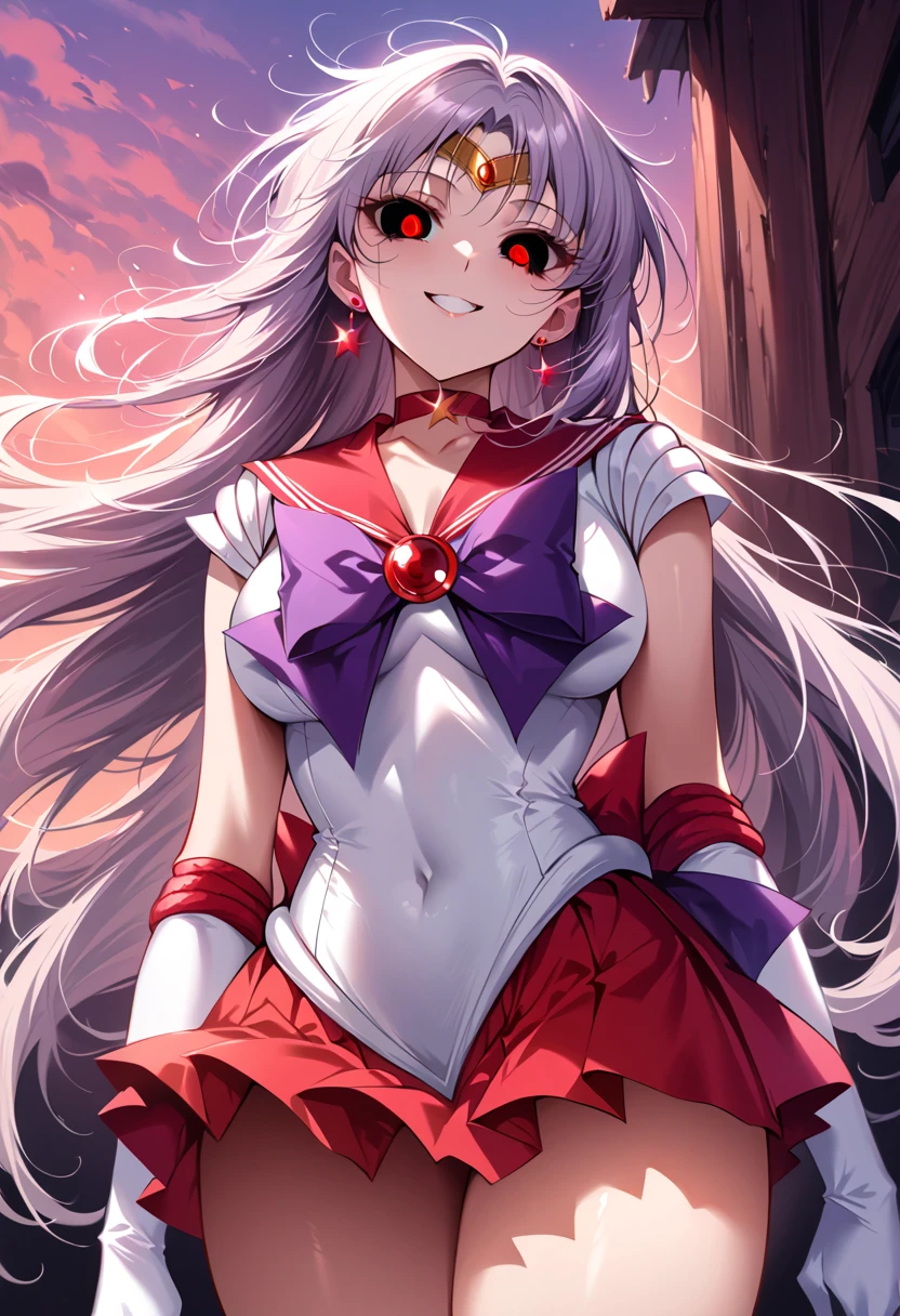 (masterpiece, Best Quality,  so beautiful,  very detailed),  Intricate Details , 12K, Honestly, Ahhh, Long Hair,  Black Hair ,  tiara ,  earrings for a woman alone,  red choker ,  red sailor collar ,  purple bow tie ,  white shirt , Elbow Gloves, White gloves,  pleated skirt,  red skirt , Bare legs,  standing , cowboy shot,,(wicked smile:1.2), 1 person,( silver hair:1.4),(Hollow Eyes,:1.6),From below,Watching the sunrise ,Dark Aura, Watch Viewers ,(red eyes:1.2),