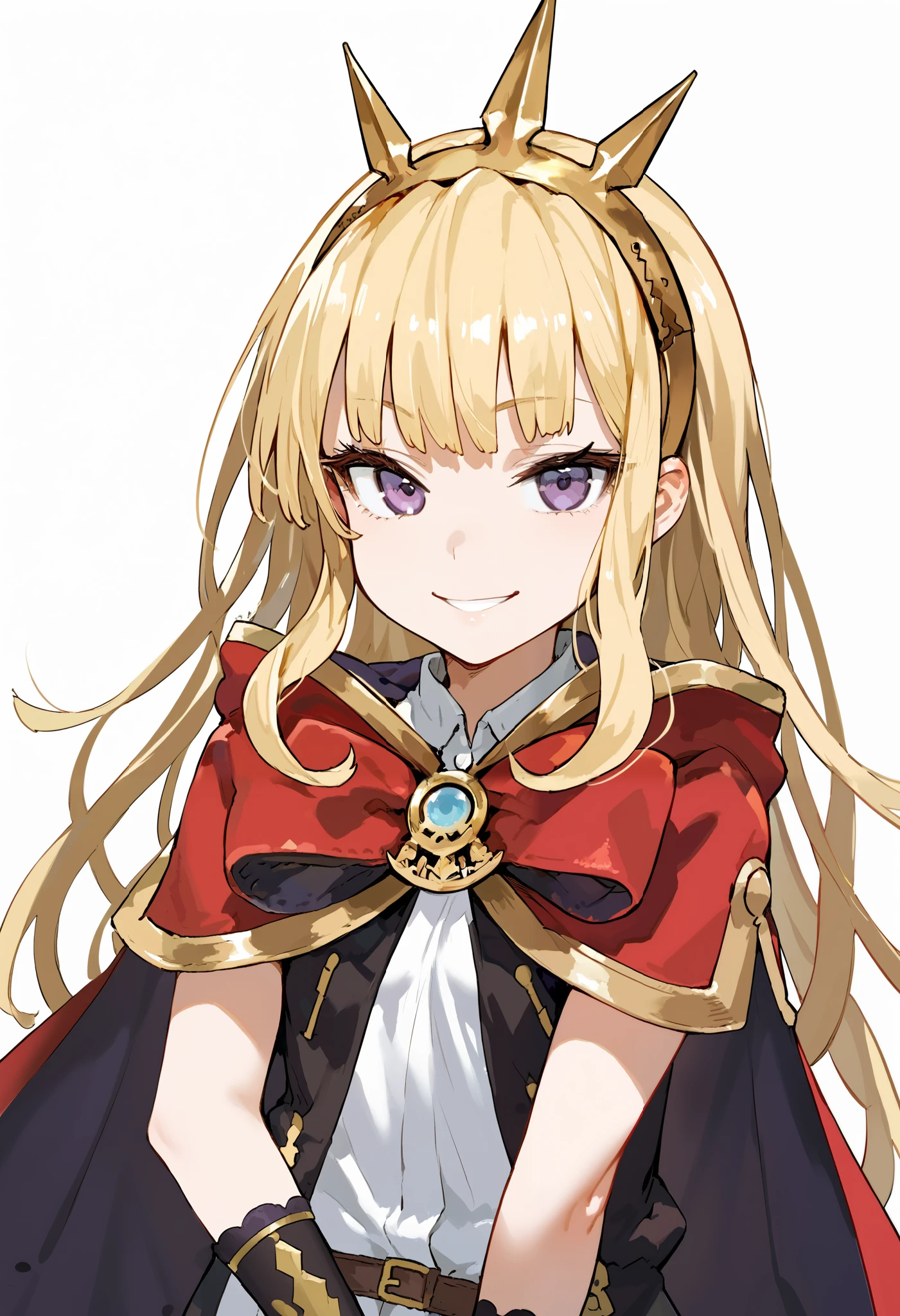 (score_9, score_8_up, score_7_up), asanagi style, 1girl, solo, gbf-cagliostro, Cagliostro, long blonde hair, dark purple eyes, hairband, crown, black thighhighs, red bow, red skirt, cape, white shirt, looking at viewer, neutral, smile, upper body, portrait, white background, simple background