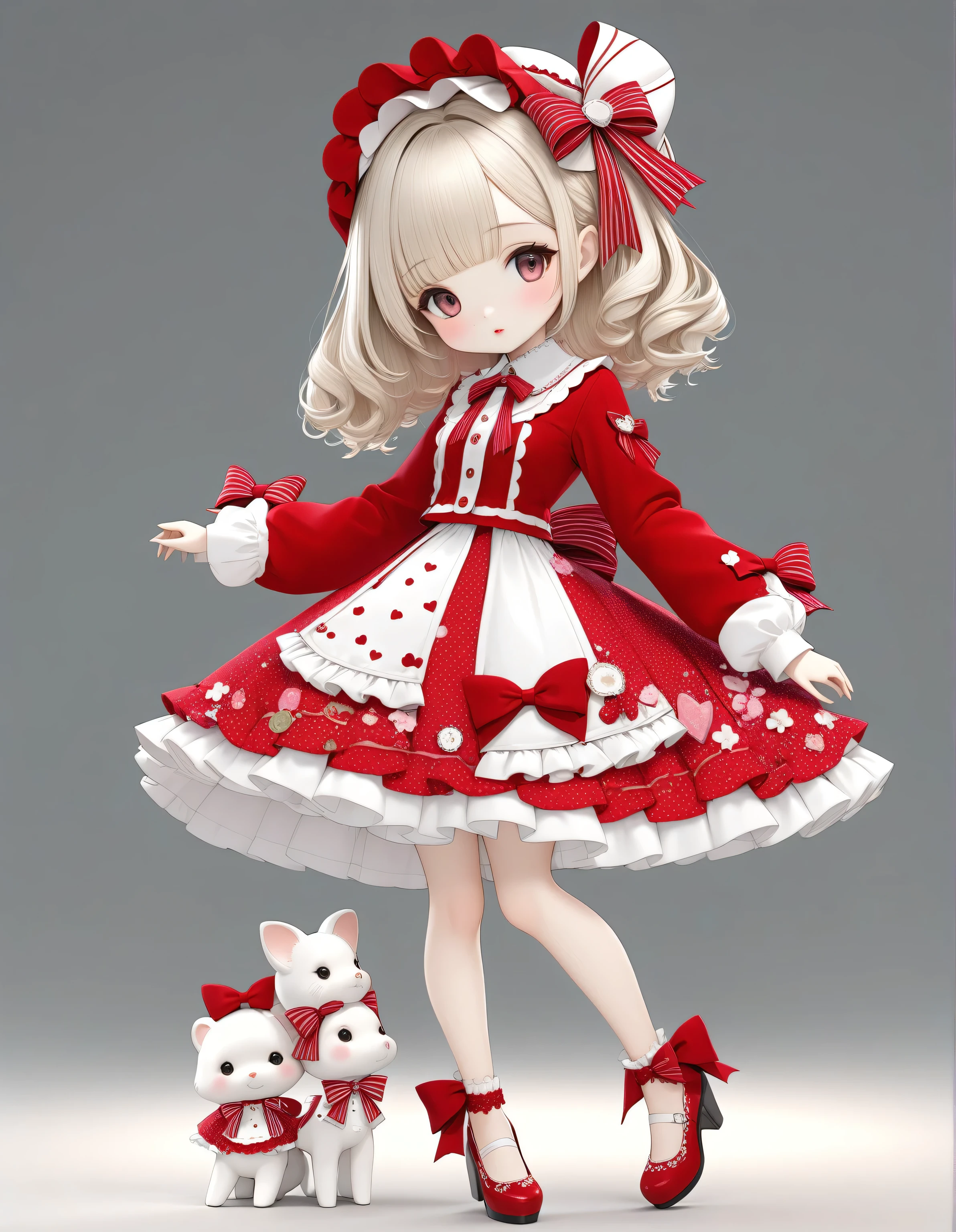 Create cute s style chibi doll outfits with cute lolita theme., Each piece is highly detailed and 8K resolution.. All dolls must follow the same stable and complete background pattern in the image., Rendering (full body, Including legs: 1.5) Micro landscape: Real Barbie doll, Close-up of doll in red and white dress, Ray Caesar (Ray Caesar) Inspired by 3D rendering, Polycount contest winner, Cute outfit, long-sleeved top and skirt, with bow pattern, Anime girl, Lolita outfit, Stylish artwork, Bright colorful outfit, Bright cute style, Highly detailed