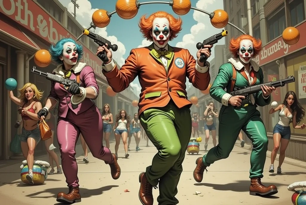 An army of clowns with machine guns is taking over a shopping mall
