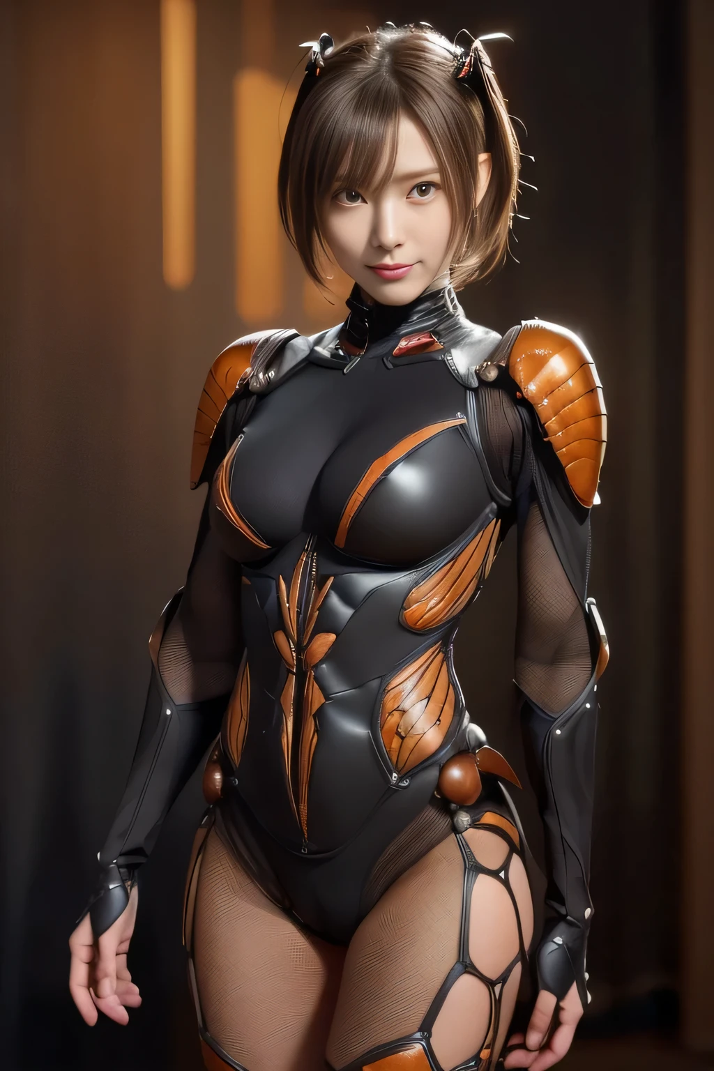 (high resolution,masterpiece,best quality,extremely detailed CG, anime, official art:1.4), realistic, photo, amazing fine details, all intricate, gloss and shiny,awesome many layers, 8k wall paper, 3d, sketch, kawaii, illustration,( solo:1.4), perfect female proportion,villainess, (fusion of dark brown cockroach and lady:1.4), (brown cockroach form lady:1.2), (brown cockroach lady:1.2), (fusion:1.2), (solo:1.4), (evil smile:1.2), muscular, abs, (cockroach brown exoskeleton bio insect suit:1.4), (cockroach brown exoskeleton bio insect armor:1.2), (brown transparency cockroach wing:1.4), (brown cockroach antennae:1.3),