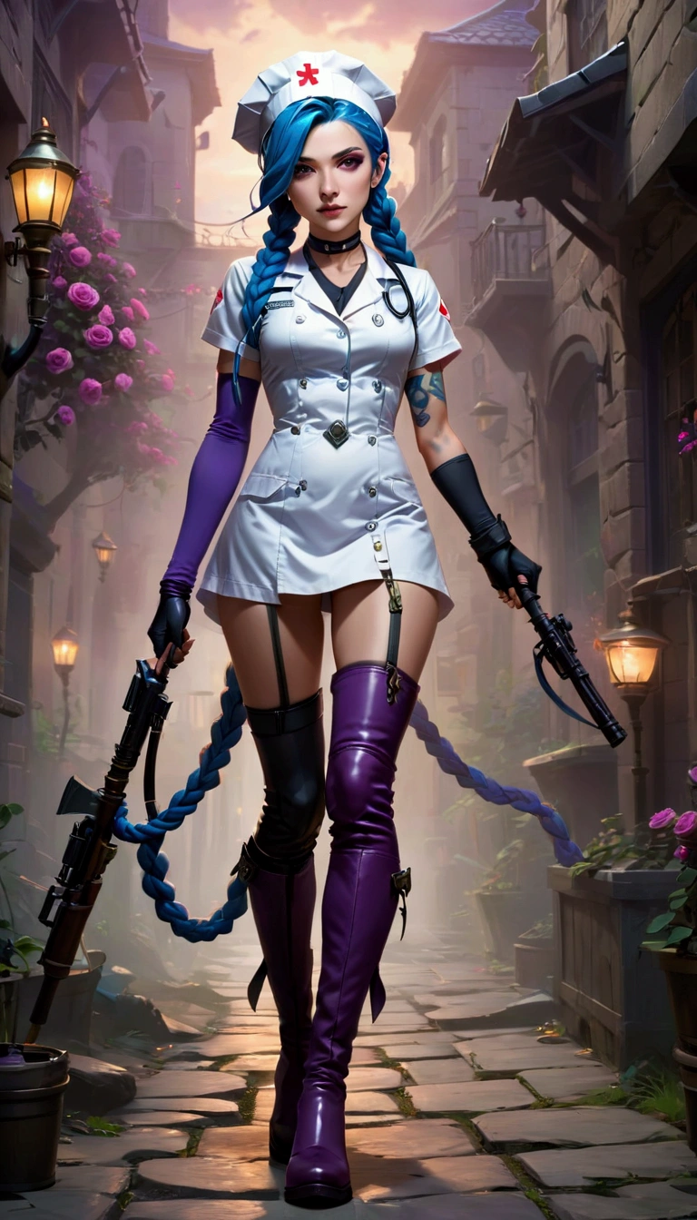 League of Legends ，Jinx ，Punk style eye makeup ，Nurse hat，(White nurse costume)，blue twist braid，whole body，( Knee-high boots ),Purple over-the-knee socks ,Rose tattoo，Street Scene，Holding a weapon in his hand ，pistol， Cinematic Lighting ，（ best quality ，4K，8k， High Res，masterpiece：1.2）， Elegant Posture ，Dynamic composition， vivid colors ，fantasy，Concept art style, has a sense of danger and tension。