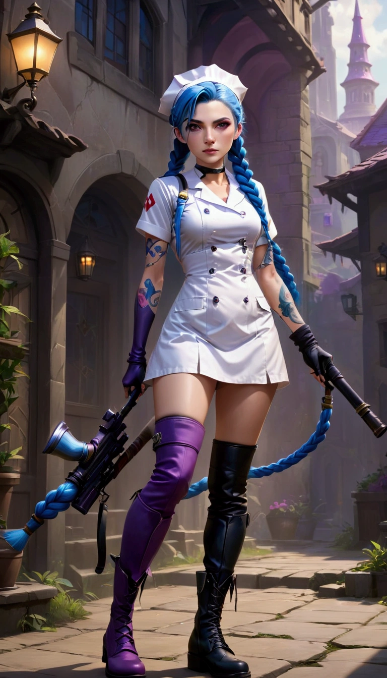 League of Legends ，Jinx ，Punk style eye makeup ，Nurse hat，(White nurse costume)，blue twist braid，whole body，( Knee-high boots ),Purple over-the-knee socks ,Rose tattoo，Street Scene，Holding a weapon in his hand ，pistol， Cinematic Lighting ，（ best quality ，4K，8k， High Res，masterpiece：1.2）， Elegant Posture ，Dynamic composition， vivid colors ，fantasy，Concept art style, has a sense of danger and tension。