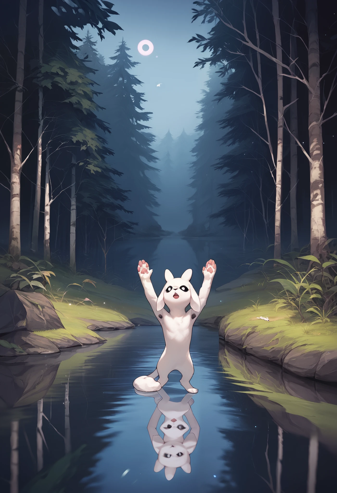 or, white wool, paws, tail, black sclera , White eyes, black nose, source_anime, upper body, the forest, tree, grass,  standing device, tree trunk, lake, water, reflection, pawpads, Night, open mouth,  ulybka, photoshop \(medium\), Dark Environment ,  purple light, volumetric fog,, score_9, score_8_up, score_7_up, score_6_up, score_5_up, score_4_up,  ponypositive , руки up,  hands above head ,  armpits open