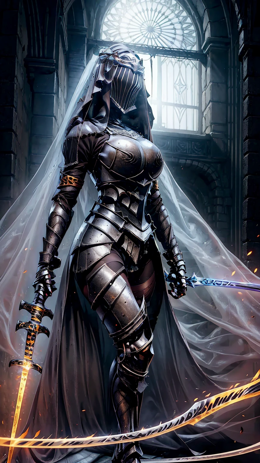 NSFW, 1 girl, Alone, 8k, maximum quality,  artwork, super high resolution, realistic, cinematic, full body viewer, full armor, leme, talk, knight, Twin Sword, pantyhose, blue veil, hair ornament, big ,  thick thighs , The ultimate beautiful lady knight, Sexy lady knight, neve