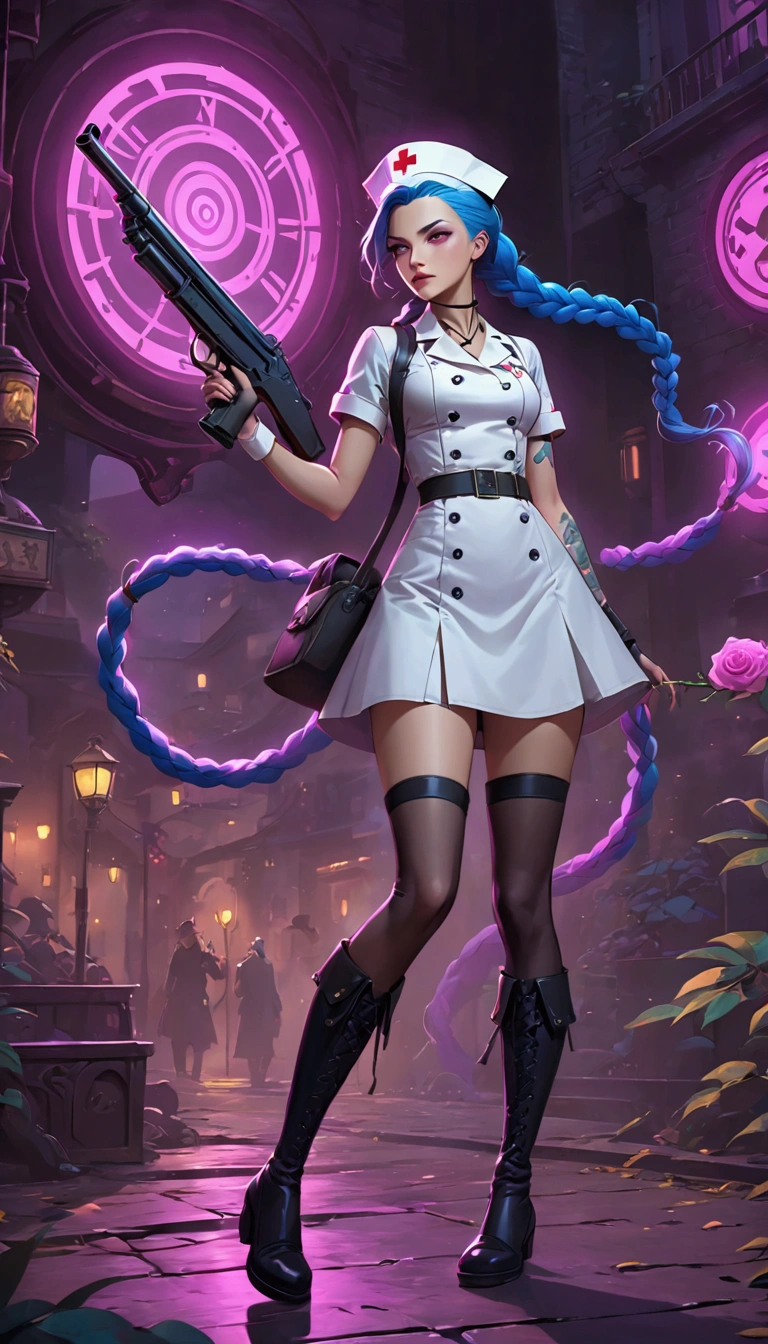 League of Legends ，Jinx ，Punk style eye makeup ，Nurse hat，(White nurse costume)， blue double twist braid，whole body，( Knee-high boots ),Purple over-the-knee socks ,Rose tattoo，Street Scene，With a gun in his hand， Cinematic Lighting ，（ best quality ，4K，8k， High Res，masterpiece：1.2）， Elegant Posture ，Dynamic composition， vivid colors ，fantasy，Concept art style, has a sense of danger and tension。