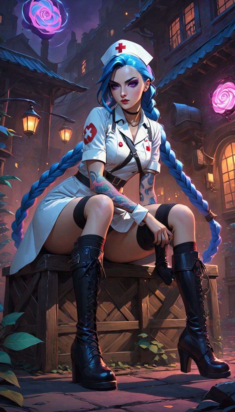 League of Legends ，Jinx ，Punk style eye makeup ，Nurse hat，(White nurse costume)， blue double twist braid，whole body，( Knee-high boots ),Purple over-the-knee socks ,Rose tattoo，Street Scene，With a gun in his hand， Cinematic Lighting ，（ best quality ，4K，8k， High Res，masterpiece：1.2）， Elegant Posture ，Dynamic composition， vivid colors ，fantasy，Concept art style, has a sense of danger and tension。