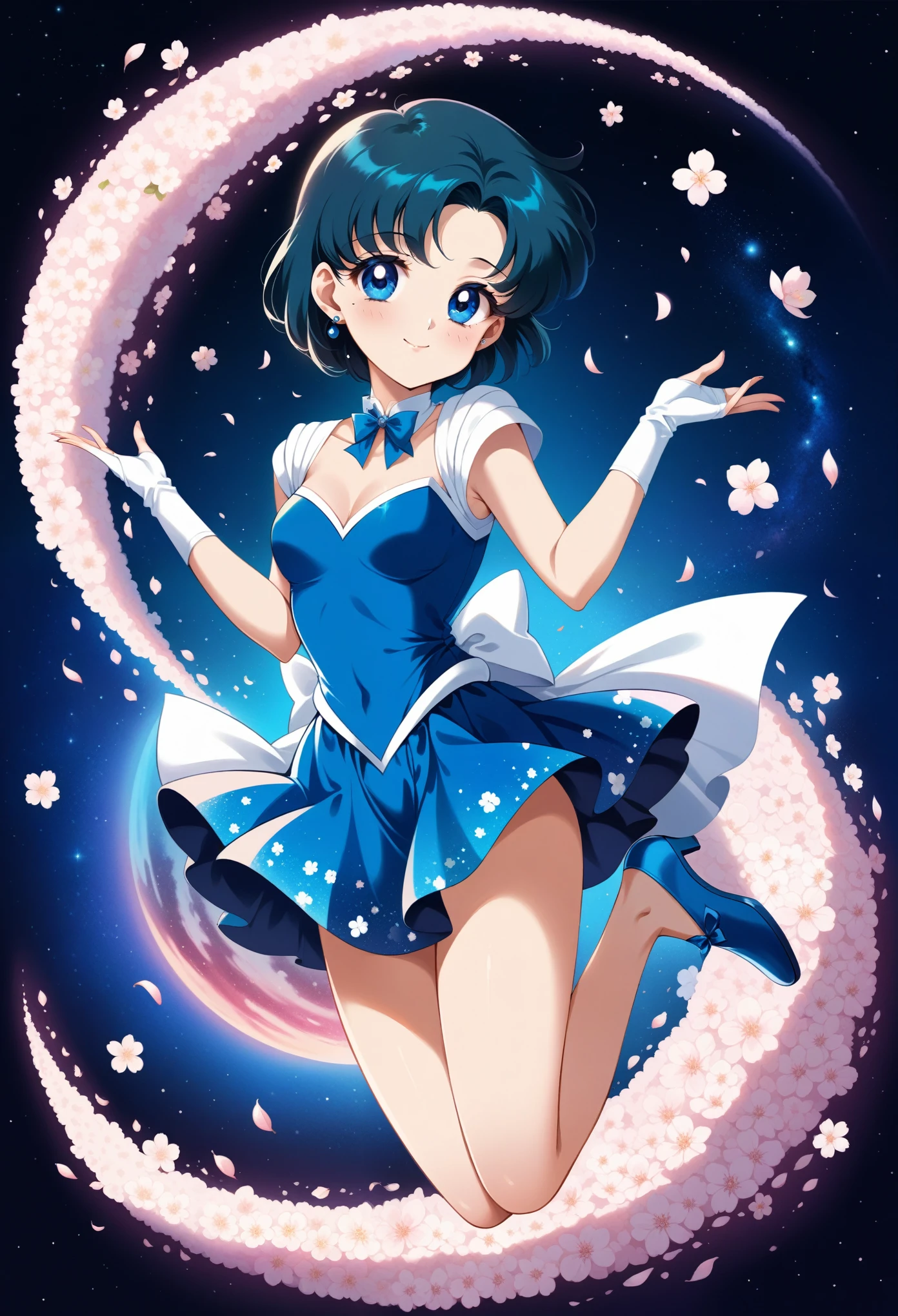 colorful, (masterpiece, best quality, very aesthetic , ultra detailed), intriguing details , 4K, aamercury, short hair, blue hair, earrings, blue eyes, small breasts, 1girl, usagi's birthday, cute blue dress, white cherry blossoms printed, smile, detailed galaxy in space background, full body in jump, intricate details, black night, Various sexy poses, Depicts the whole body.