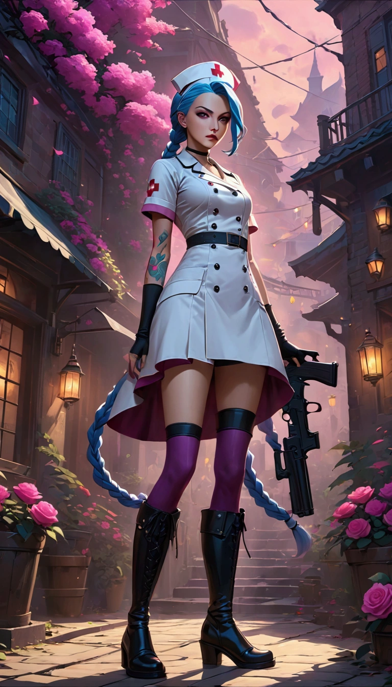 League of Legends ，Jinx ，Punk style eye makeup ，Nurse hat，(White nurse costume)， blue double twist braid，whole body，( Knee-high boots ),Purple over-the-knee socks ,Rose tattoo，Street Scene，With a gun in his hand， Cinematic Lighting ，（ best quality ，4K，8k， High Res，masterpiece：1.2）， Elegant Posture ，Dynamic composition， vivid colors ，fantasy，Concept art style, has a sense of danger and tension。