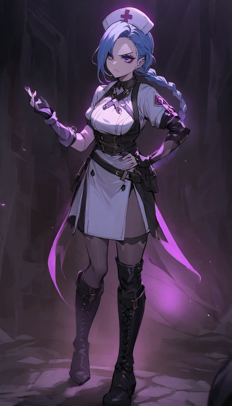 League of Legends ，Jinx ，Punk style eye makeup ，Nurse hat，(White nurse costume)，blue twist braid，whole body，( Knee-high boots ),Purple over-the-knee socks ,Rose tattoo，Street Scene，With a gun in his hand， Cinematic Lighting ，（ best quality ，4K，8k， High Res，masterpiece：1.2）， Elegant Posture ，Dynamic composition， vivid colors ，fantasy，Concept art style, has a sense of danger and tension。