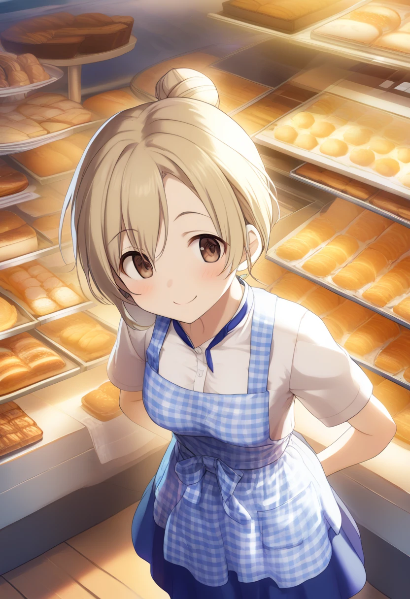  1 girl,  medium breasts,
Kobeya uniform, blue skirt, Blue Necklace, gingham apron, Bakery,
 cinematic angles, Looking Ahead, smile,   closed mouth,
Best Quality,medium quality,, , single Hair Bun, Hair Bun,  blonde hair, Hair above the eyes,  short hair ,  Brown Eyes  ,  flat chest,(Perfect hands, perfect anatomy),,  five fingers
