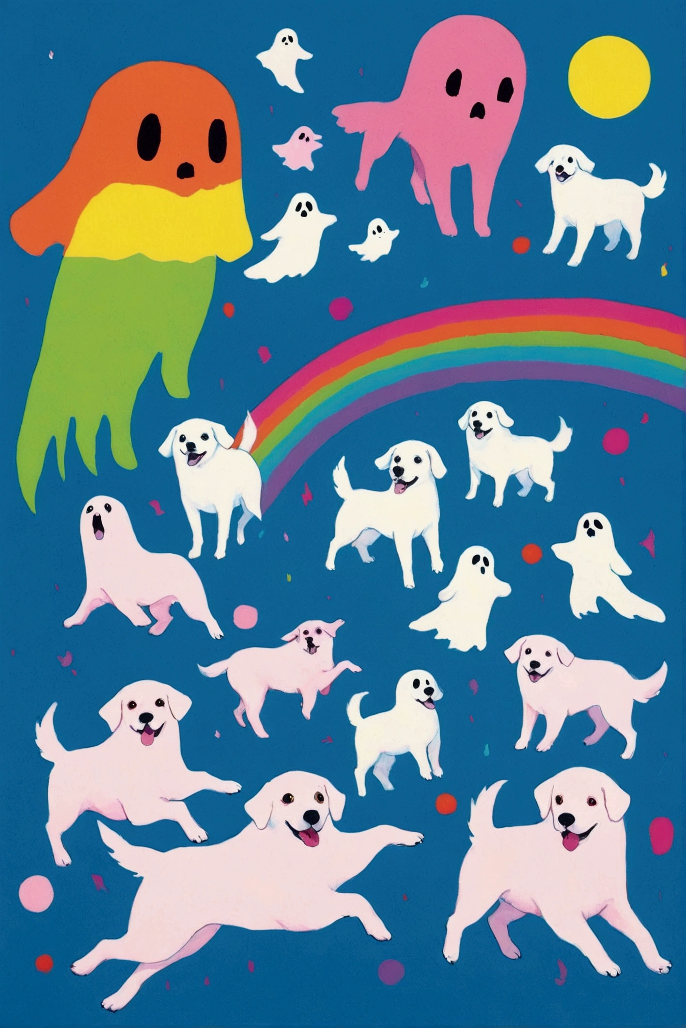  There are many colored dogs on a blue and pink background,  like a rainbow ghost, ghost, kill, ( ( RISOGRAPH ) ), ghost in the background,  a person like a ghost , ghost theme, by Shinoda Toko, ghost, phantom ghost in the background,  part Petra Court Light , ren born as ghost, floating ghost , Now Tanaka