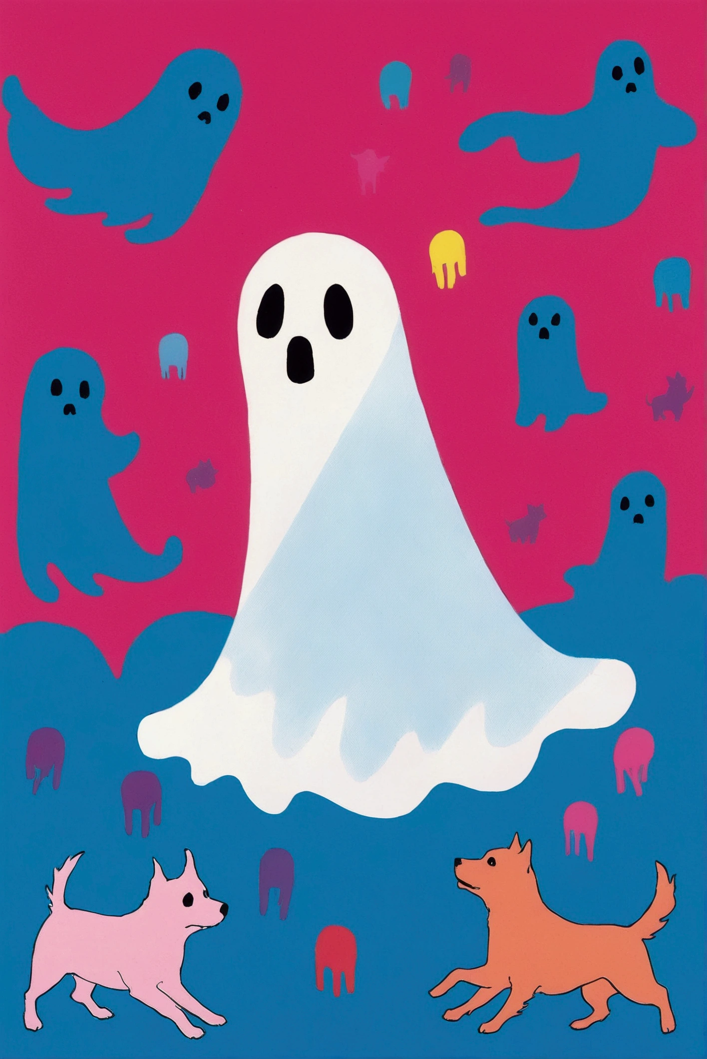  There are many colored dogs on a blue and pink background,  like a rainbow ghost, ghost, kill, ( ( RISOGRAPH ) ), ghost in the background,  a person like a ghost , ghost theme, by Shinoda Toko, ghost, phantom ghost in the background,  part Petra Court Light , ren born as ghost, floating ghost , Now Tanaka