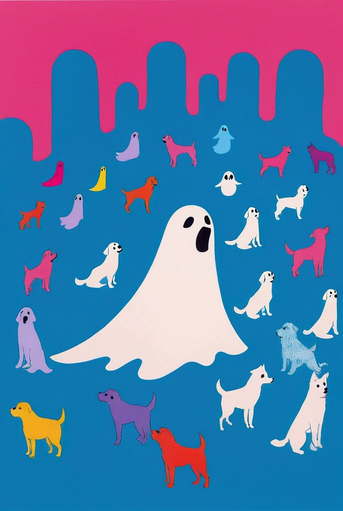  There are many colored dogs on a blue and pink background,  like a rainbow ghost, ghost, kill, ( ( RISOGRAPH ) ), ghost in the background,  a person like a ghost , ghost theme, by Shinoda Toko, ghost, phantom ghost in the background,  part Petra Court Light , ren born as ghost, floating ghost , Now Tanaka