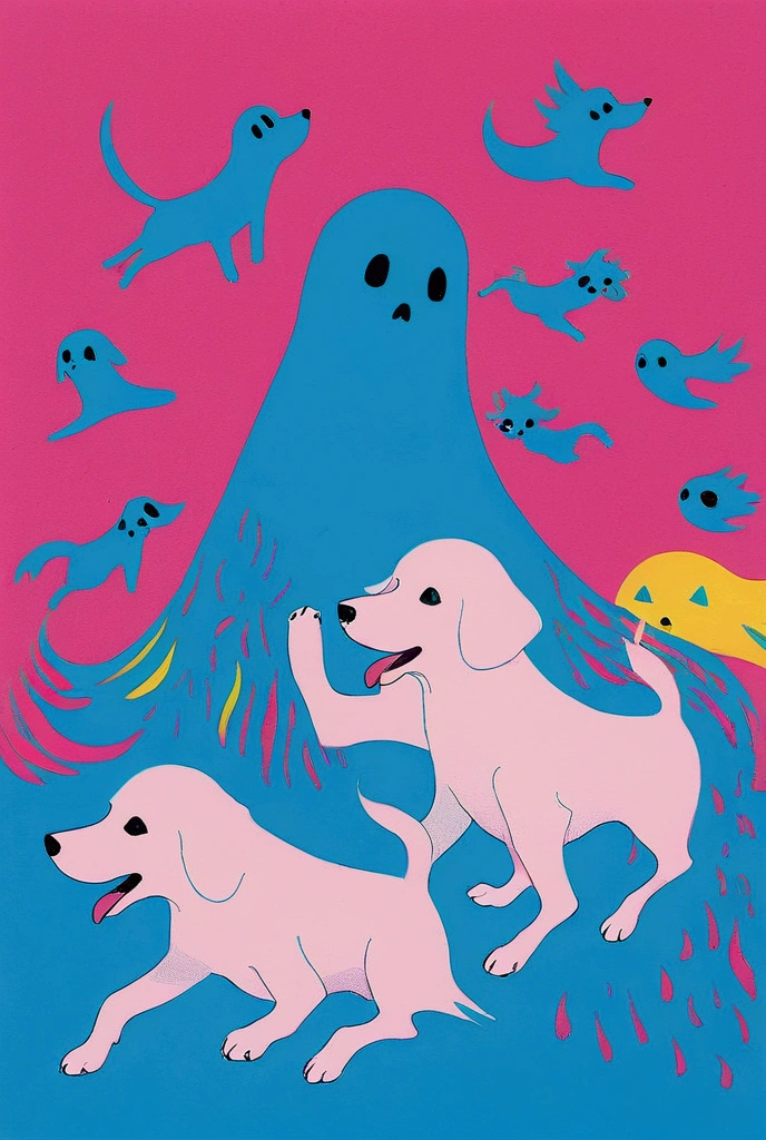  There are many colored dogs on a blue and pink background,  like a rainbow ghost, ghost, kill, ( ( RISOGRAPH ) ), ghost in the background,  a person like a ghost , ghost theme, by Shinoda Toko, ghost, phantom ghost in the background,  part Petra Court Light , ren born as ghost, floating ghost , Now Tanaka