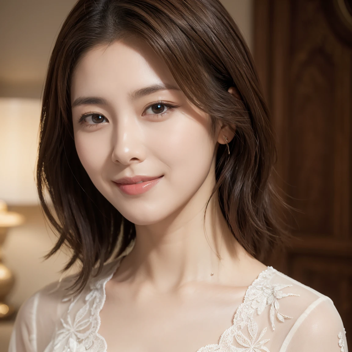 (Raw photography), (Photorealsitic), (masterpiece), (top-quality), hight resolution, 64k resolution, (intricate detailes), (volumatic light), portlate, femele, 40 years, short-hair, straight haired, Layered hair, brown haired, extremely detailed eye, Sauce order, Highly detailed eyebrows, highlydetailed skin, highly detail mouth, highly detailed nose, cute like an idol, Happy smile, ((thick lips)), ((Look at viewers)), (Classy blouse)