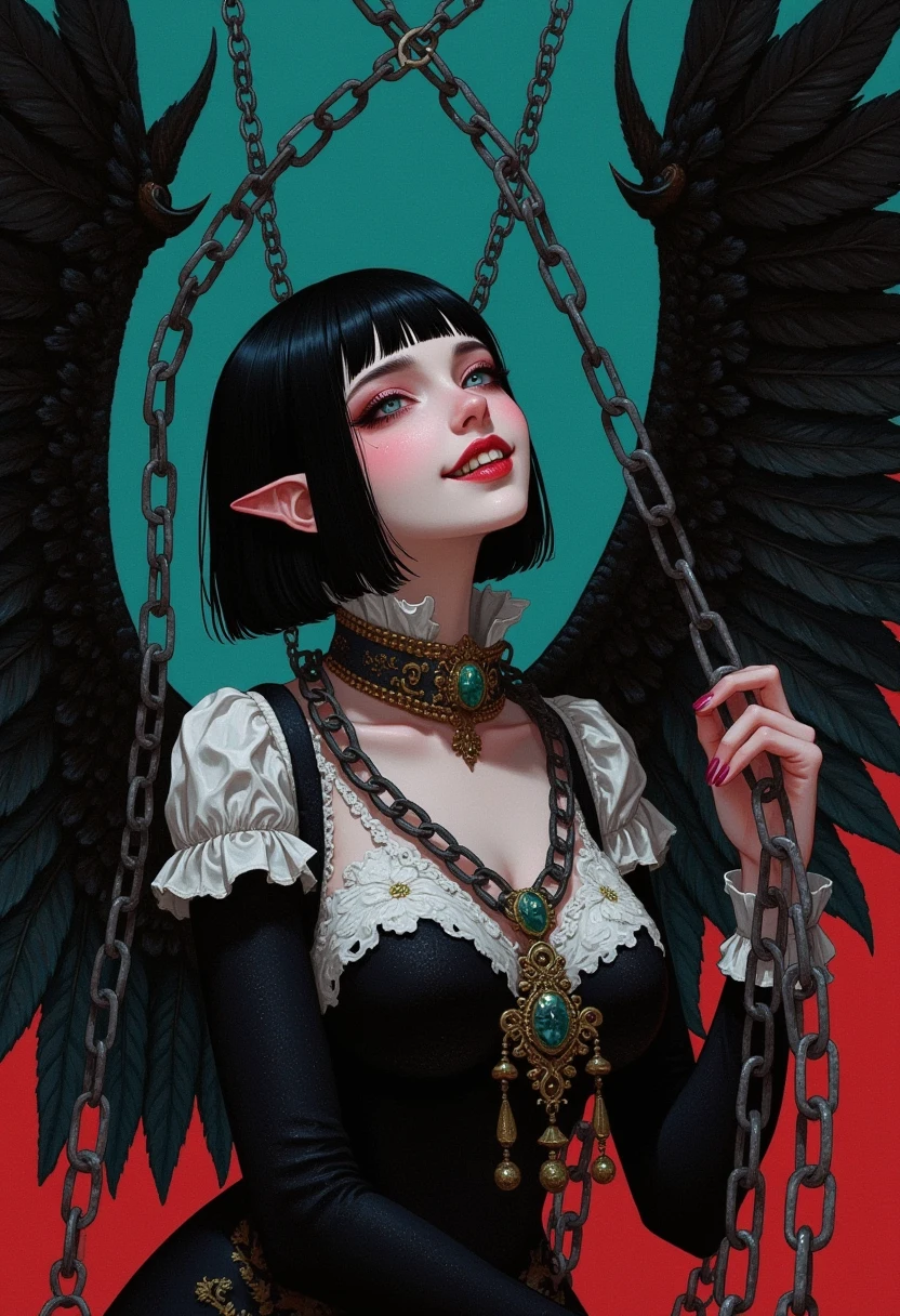 A painting。 A charming lady , 1 succubus,   with long red teeth and a short black cut with slanted bangs, trumpet,  huge wings ,  She is surrounded by chains  , look up, Charm, Tempting, Smile, Dark fantasy creature ,