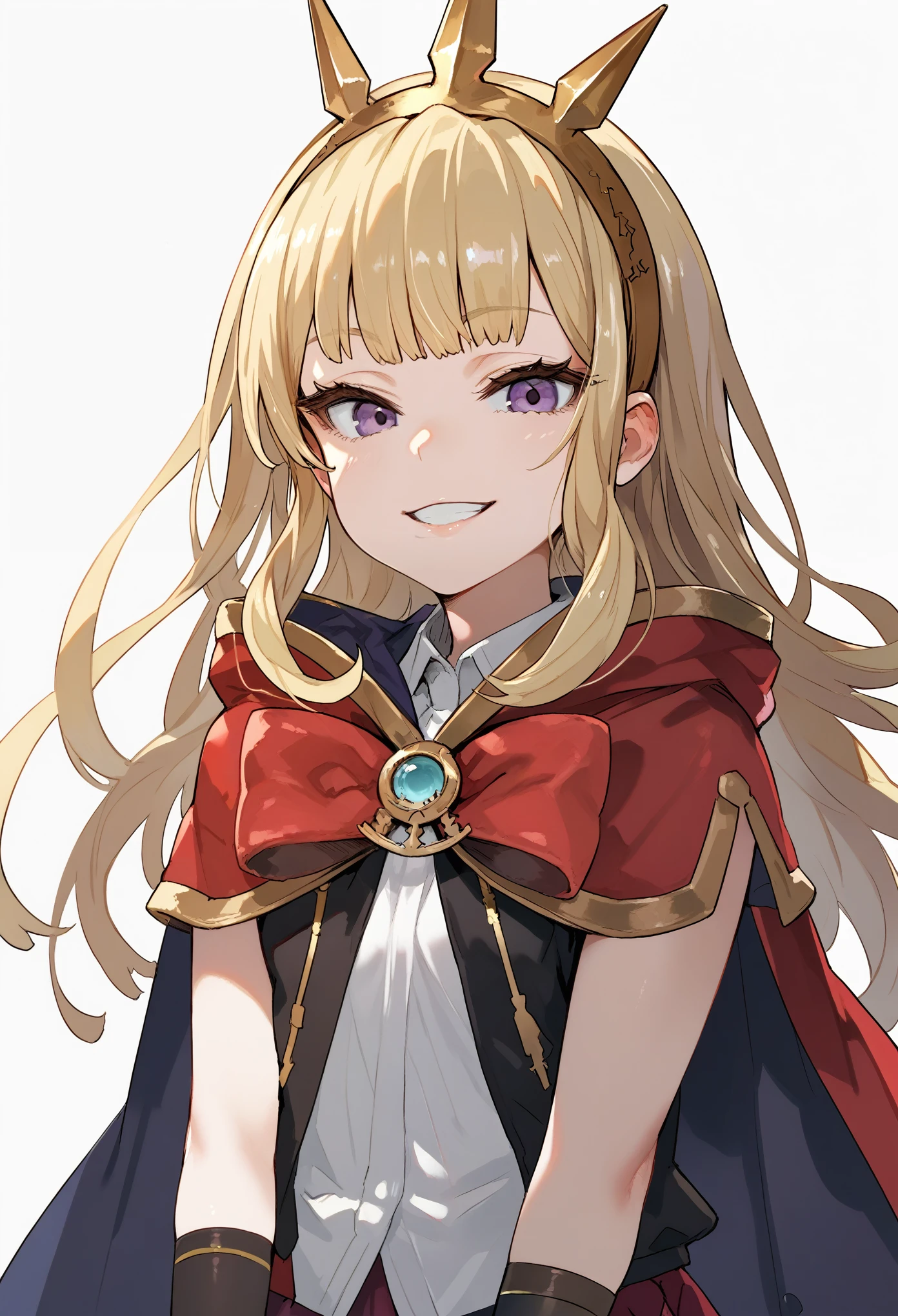 (score_9, score_8_up, score_7_up), asanagi style, 1girl, solo, gbf-cagliostro, Cagliostro, long blonde hair, dark purple eyes, hairband, crown, black thighhighs, red bow, red skirt, cape, white shirt, looking at viewer, neutral, smile, upper body, portrait, white background, simple background