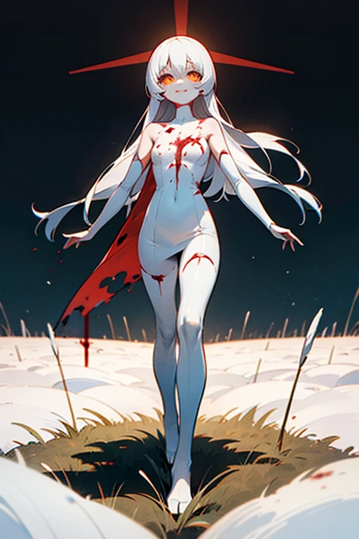 ((women Bodysuit bleck)),((bare breasts,medium breasts,bare pussy)),((very long white hair, red eyes, hopeless face)),((standing, 1 arm behind the back)), in a haunted forest, at night,