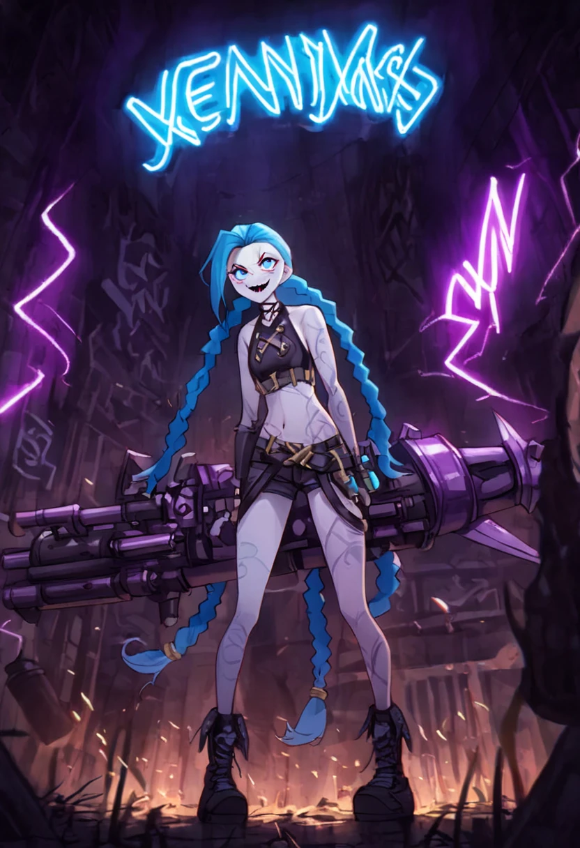 (score_9, score_8_up, score_7_up), solo focus, (female focus:1.2), (Jinx: 1.37) from League of Legends, twin blue braids, pale skin, manic expression, standing in a dark alley, (neon lights:1.3), wielding signature weapons, Fishbones (shark-themed rocket launcher), Pow-Pow (large minigun), aura of reckless excitement, grungy environment, industrial underworld, fog, smoke from nearby factories, scattered machinery, graffiti-covered walls, (punk-industrial design:1.3), inspired by Joker and Gollum, emphasizing dangerous and unhinged personality, dark lighting with neon highlights, crazed smile, wide, piercing blue eyes, barrels leaking chemicals, neon signage, capturing chaotic energy of Zaun, (high detail, 8k resolution, cinematic realism, gritty texture), intense atmosphere, moody shadows.