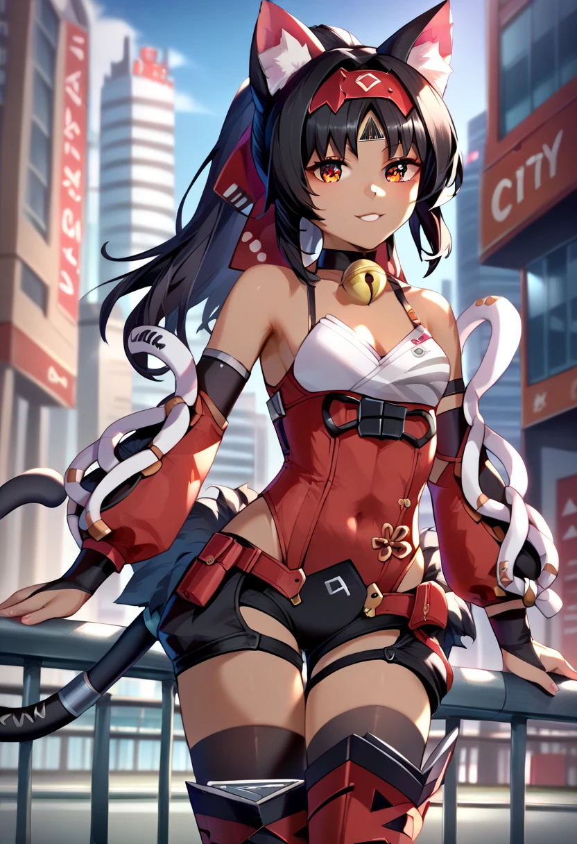 (Masterpiece, Ultra-high resolution, 8k, High Quality, Top quality, High-Detailed, Detailed CG, Cinematic Shadow:0.5, Beautiful Detailed Eyes, Ultra Resolution, Depth of Field, High Resolution, Masterpiece: 1.2), (Anime Art style), (cowboy shot), (city:1.4), 1girl, solo, nekomiya, red eyes, black hair, dark skin, ponytail, cat ears, cat tail, two tails, hairband, red bow, hair bow, forehead mark, sleeveless shirt, red leotard, black shorts, detached sleeves, puffy long sleeves, bridal gauntlets, choker, neck bell, thighhighs, red footwear, knee boots, black fur, small breasts, beautiful breasts, smile,